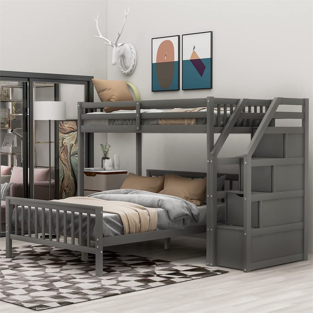 Space-Saving L-Shaped Twin Over Full Bunk Bed with Storage Stairs & Full-Length Guardrails - Convertible to 2 Separate Beds, No Box Spring Needed - Perfect for Kids' Bedrooms, Guest Rooms & Small Apartments (Gray)