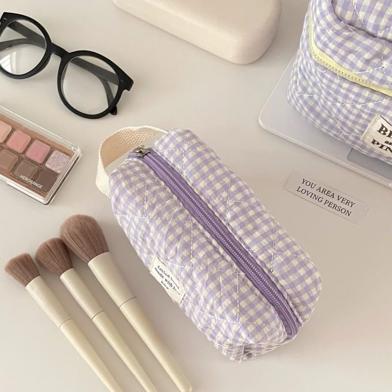 Quilted Floral Makeup Bag for Women - Large Cotton Cosmetic Organizer with Checkered Design, Travel Toiletry Bag for Girls & Women (Purple) - Perfect for Travel, Gym, and Everyday Use