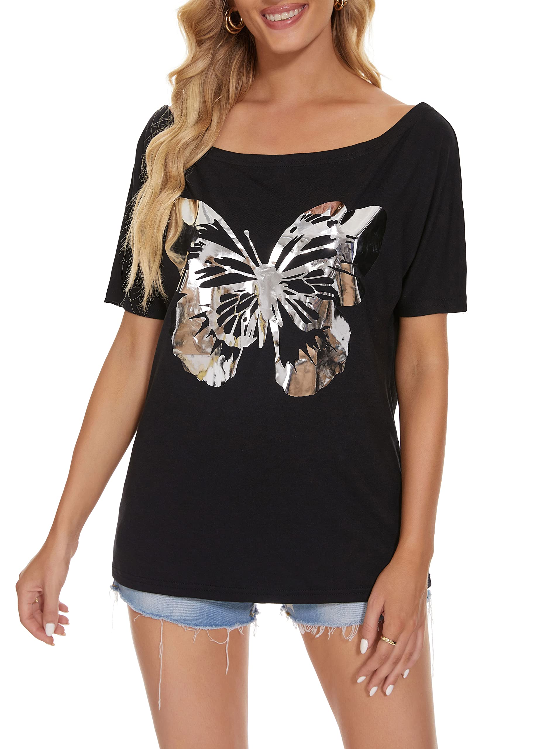 PESION Women's Off Shoulder Tops - Sexy Shiny Metallic Short Sleeve Blouses with Fashion Graphic Print | Perfect for Clubwear, Date Night & Summer Outfits