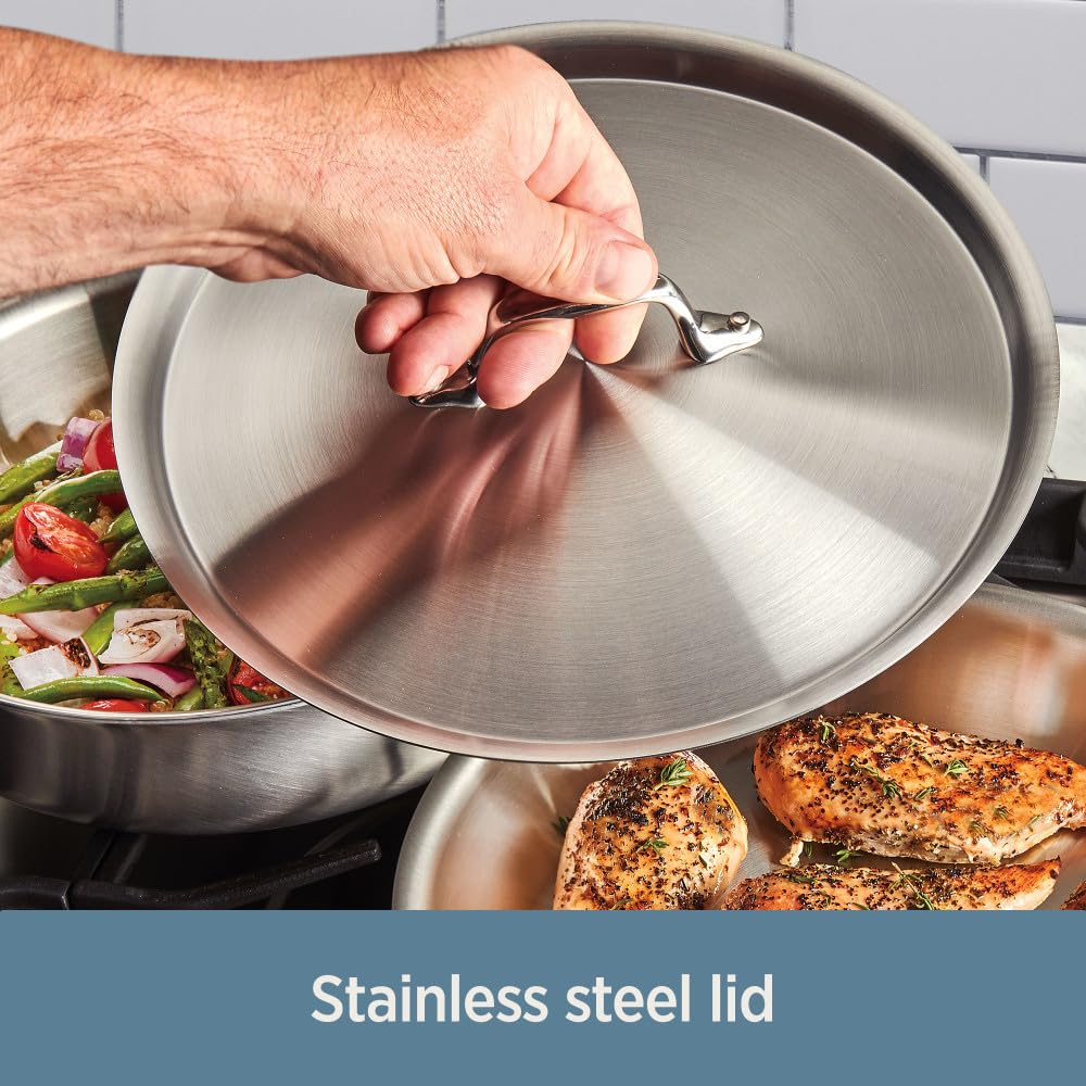 All-Clad D3 Stainless Steel 12-Inch Frying Pan with Lid - Tri-Ply Bonded Cookware for Even Heat Distribution - Perfect for Searing, Sautéing & Frying - Silver