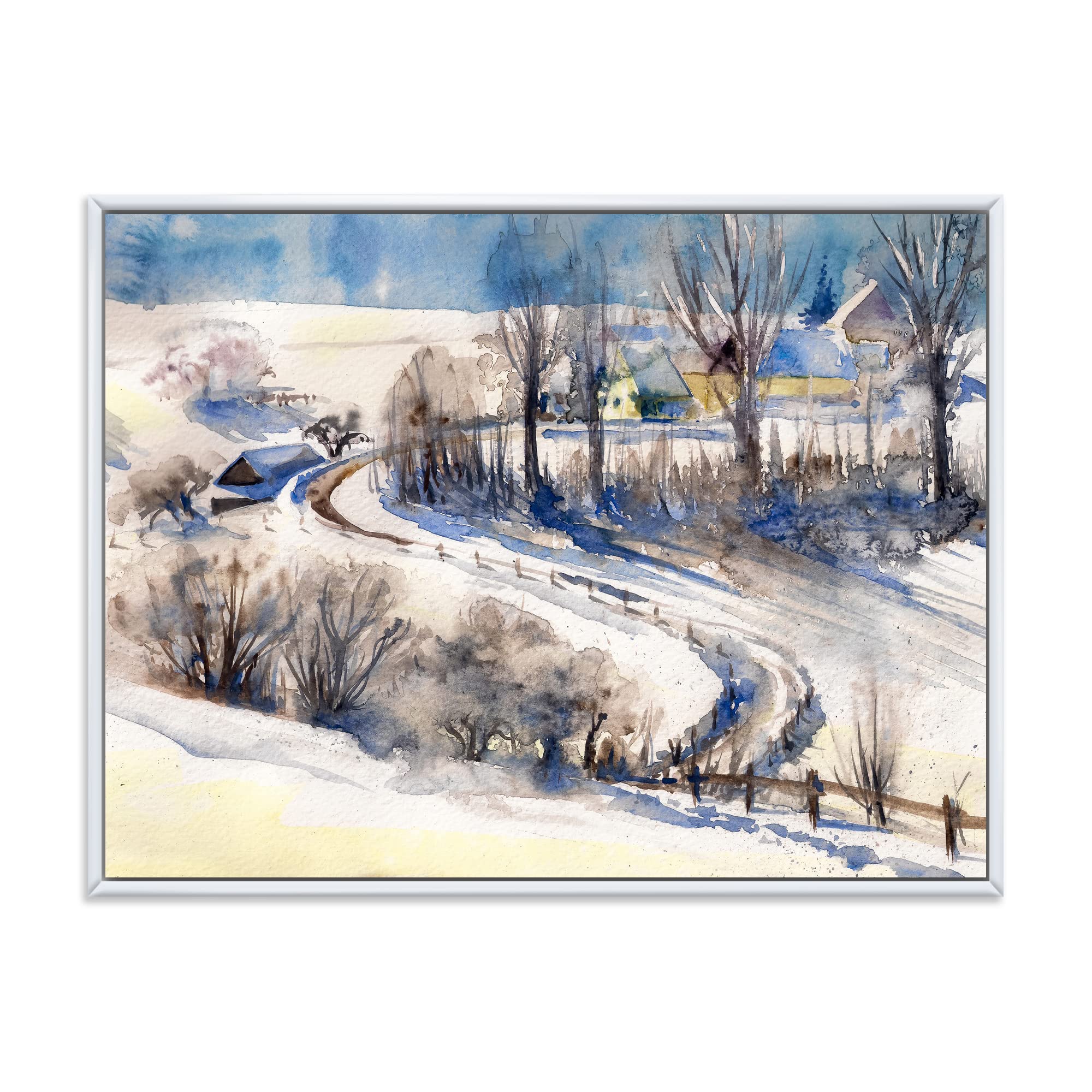 Country Road in Winter - Traditional Framed Canvas Wall Art Print | Landscape Home Decor for Living Room, Bedroom & Office