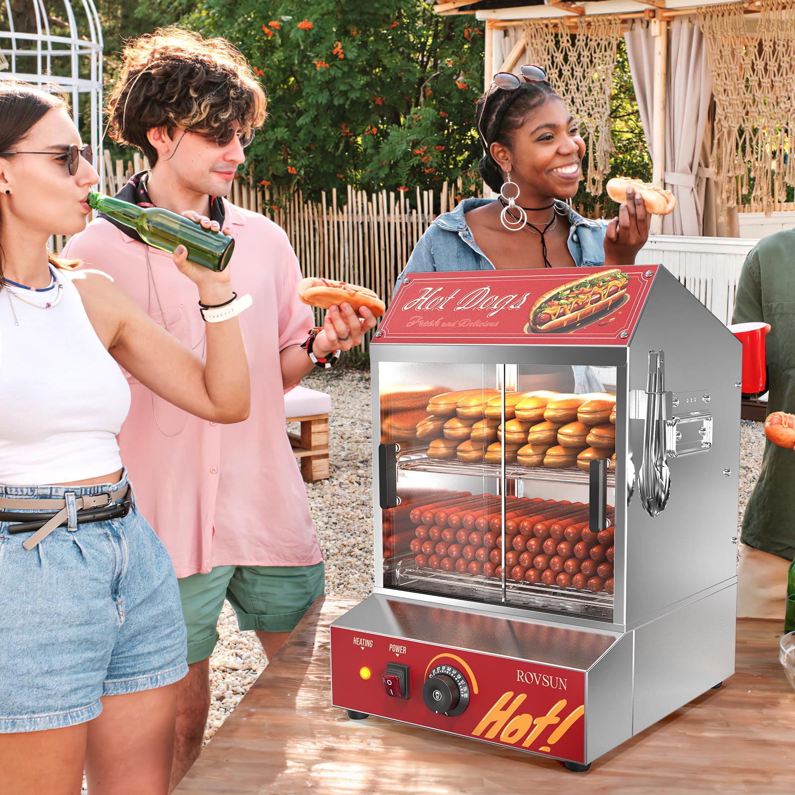 ROVSUN 30L Commercial Hot Dog Steamer - 2-Tier Hot Dog & Bun Warmer with Removable Shelves (175 Hot Dogs & 40 Buns Capacity) for Parties, Events & Concession Stands - Perfect for Catering, Food Trucks & Stadium Snack Bars