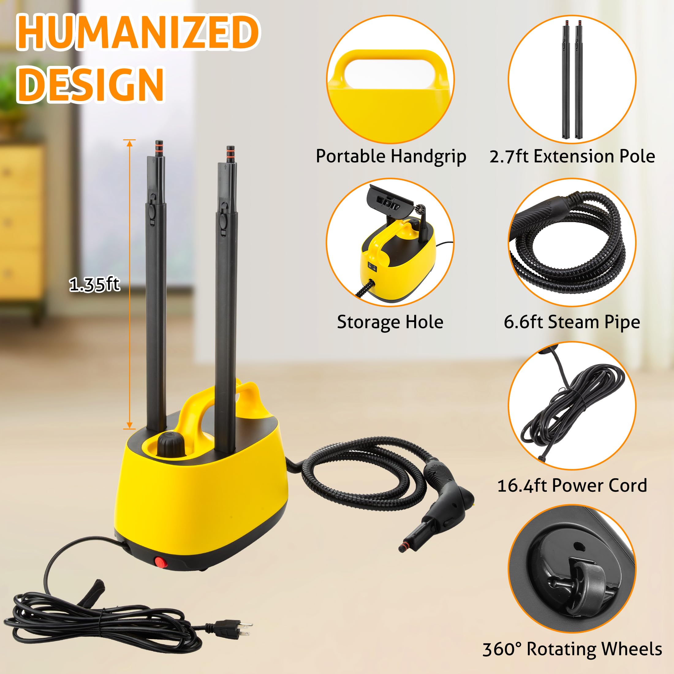 WICHEMI 1500W Multipurpose Steam Cleaner - High Pressure High-Temperature Steamer with 1.5L Tank & Wheels for Home, Car Detailing - Perfect for Cleaning Floors, Carpets, Upholstery, Kitchen, Bathroom & More