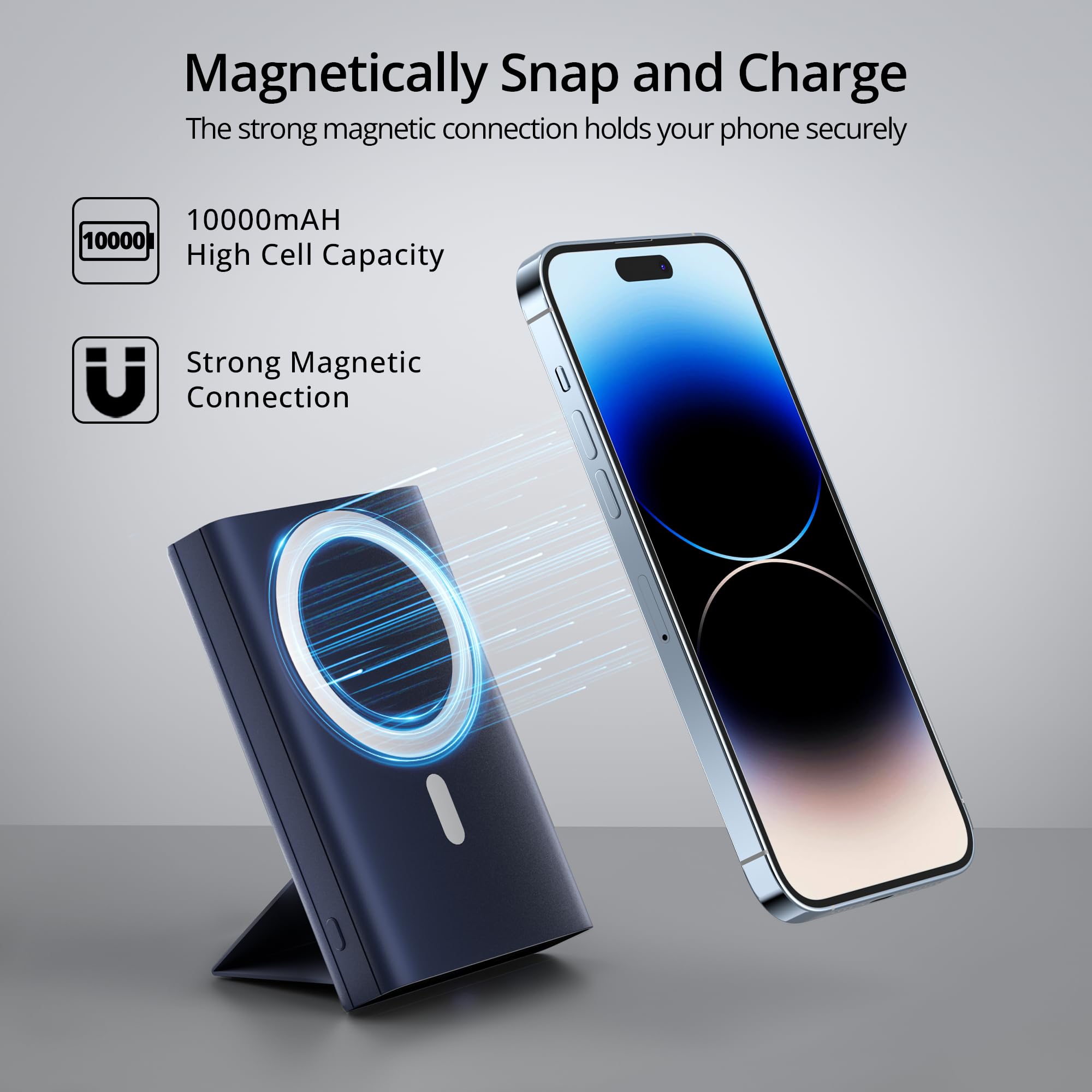 LULULOOK 10000mAh Magnetic Wireless Portable Charger | Foldable Mag-Safe Power Bank with 22.5W PD Fast Charging | USB-C Cable & LED Display | Compatible with iPhone 16/15/14/13/12/Pro/Mini/Pro Max (Blue) | Perfect for Travel, Office & On-the-Go Charging