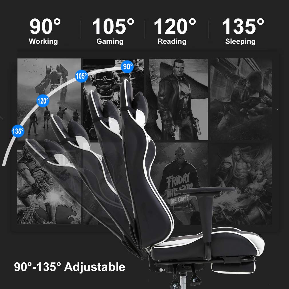 Ergonomic Gaming Chair with Lumbar Support - PU Leather PC & Office Chair, Adjustable Recliner with Massage Function, Swivel Rolling Task Chair for Adults (White) - Perfect for Home Office, Gaming Setup & Workstation Comfort