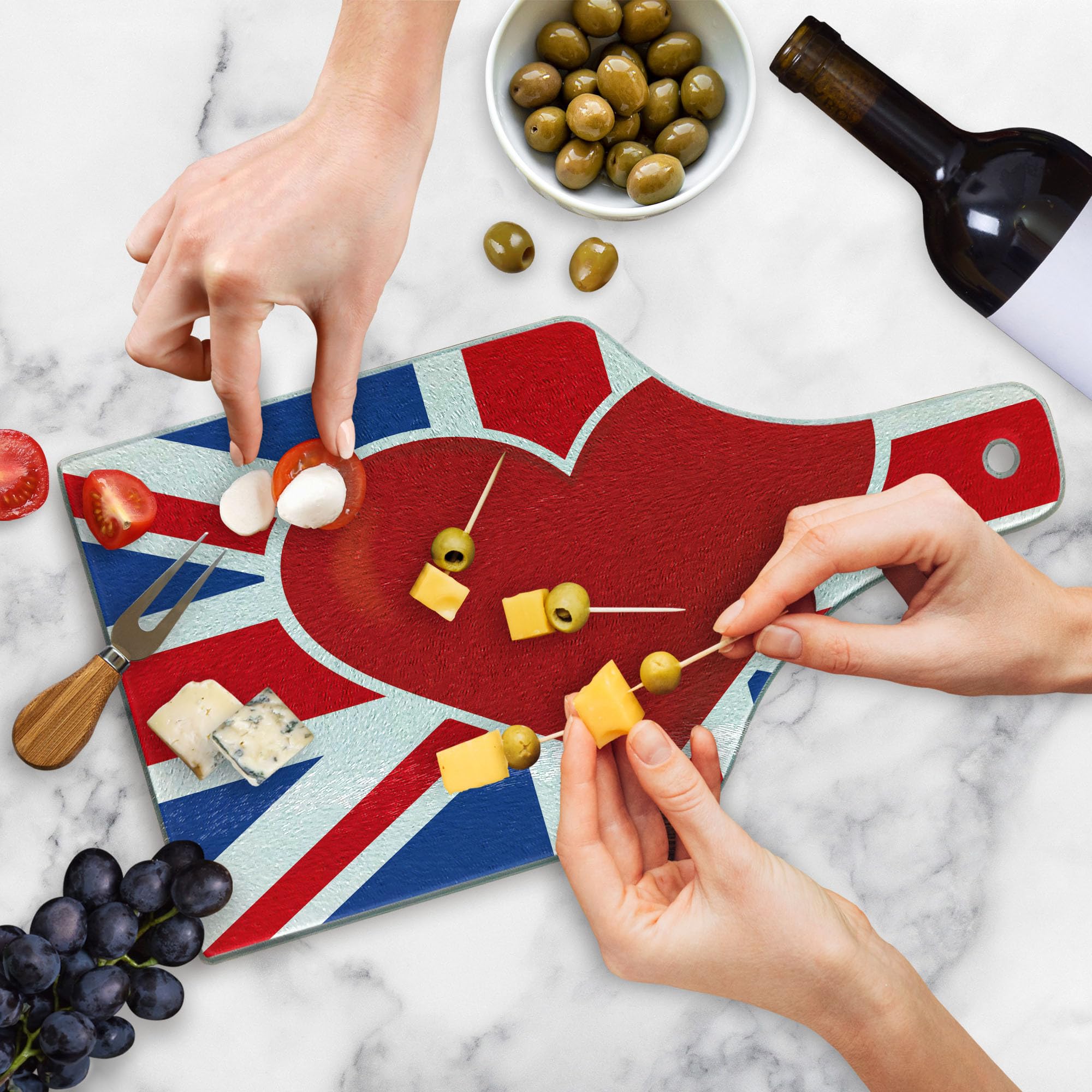 Ambesonne Union Jack Cutting Board - British Flag with Red Heart Center, Tempered Glass Serving Board for Kitchen & Dining - Wine Bottle Shape in Royal Blue, Red & White - Perfect for Entertaining, Gifts & British-Themed Decor