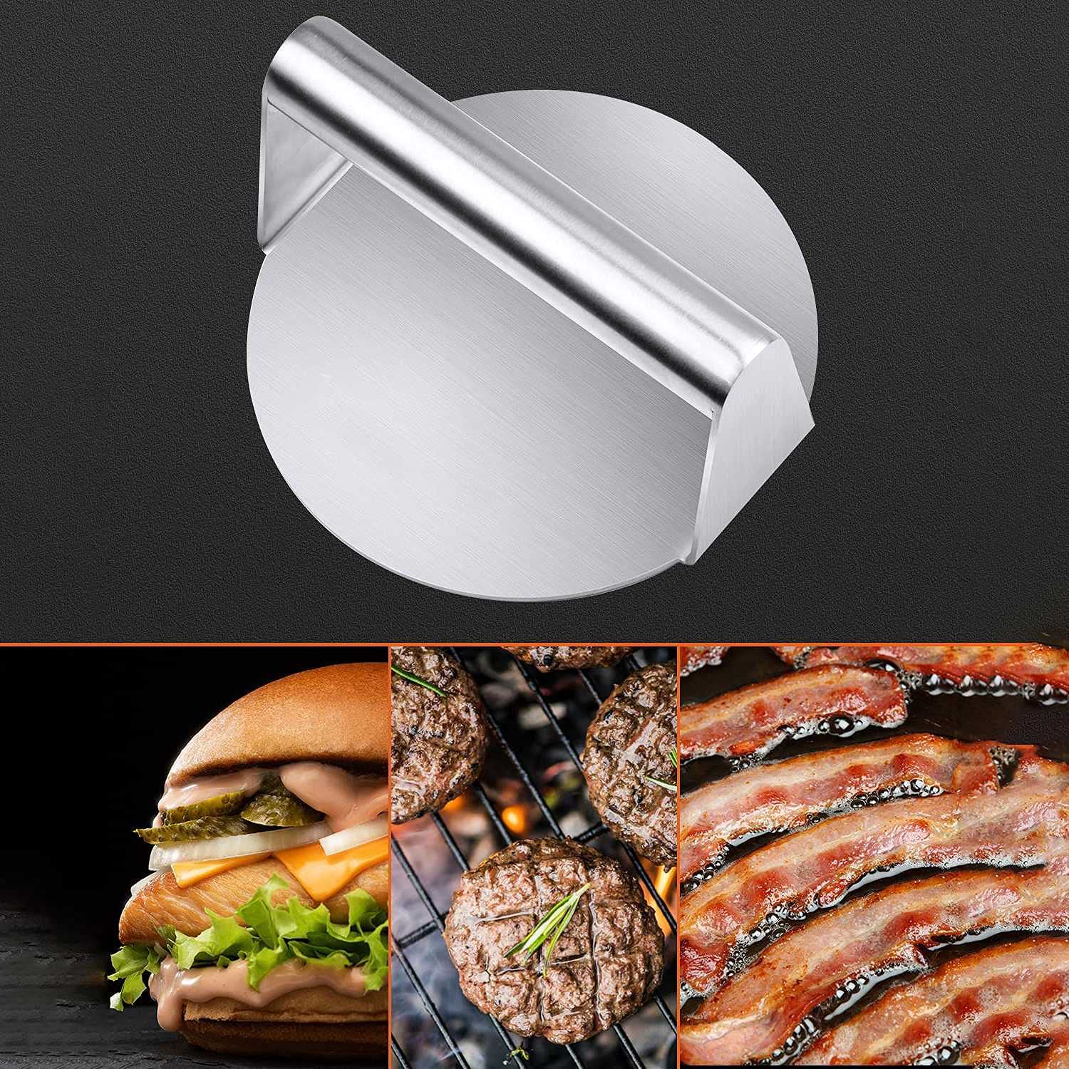 Premium Round Smash Press & Griddle Accessories Kit - Heavy Duty Hamburger Patty Maker with Grease Drain for Perfect Juicy Burgers - Ideal for BBQ, Backyard Grilling & Commercial Restaurant Use