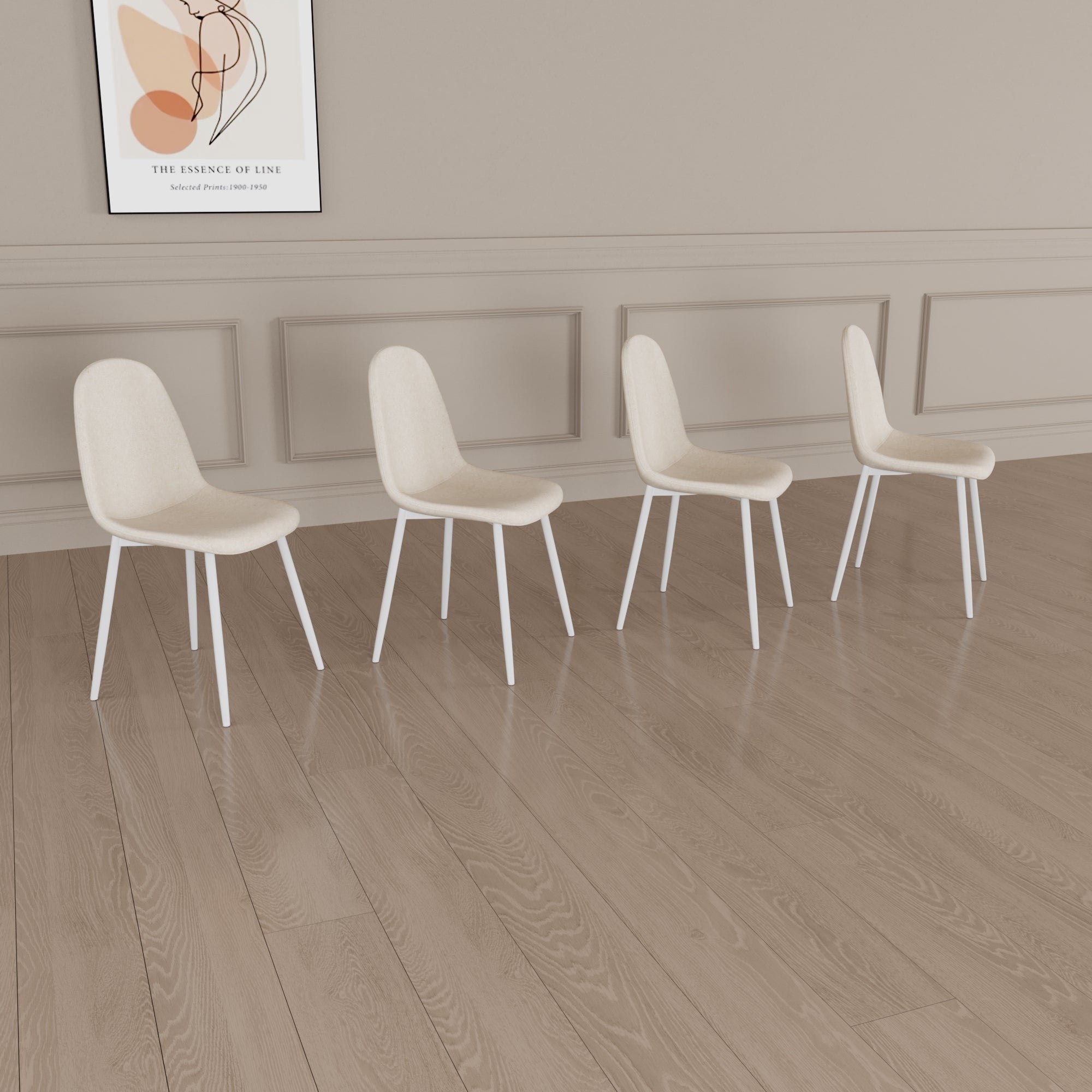Modern Dining Chair Set of 4 - Linen Upholstered Spoon Back Accent Chairs with White Metal Legs for Kitchen & Dining Room - Beige | Perfect for Home Decor, Small Spaces & Entertaining Guests