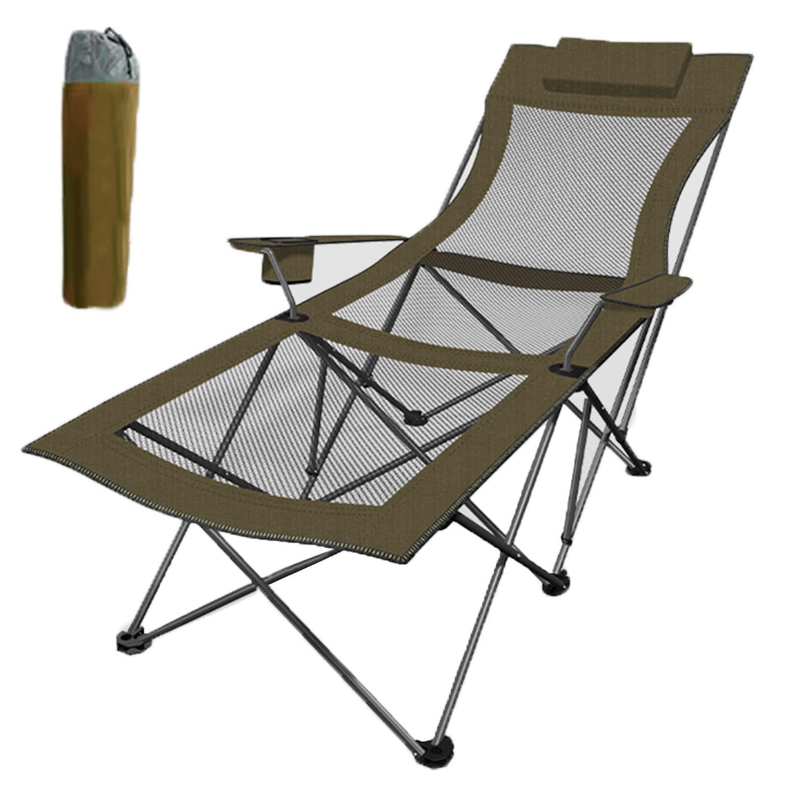 Heavy Duty Folding Camping Chair with Footrest & Adjustable Reclining Back - Portable Lawn Beach Chair for Adults with Removable Headrest, Cup Holder & Side Storage Pouch (Supports 300lbs) - Perfect for Outdoor Camping, Backyard Relaxing, Beach Lounging & Picnics