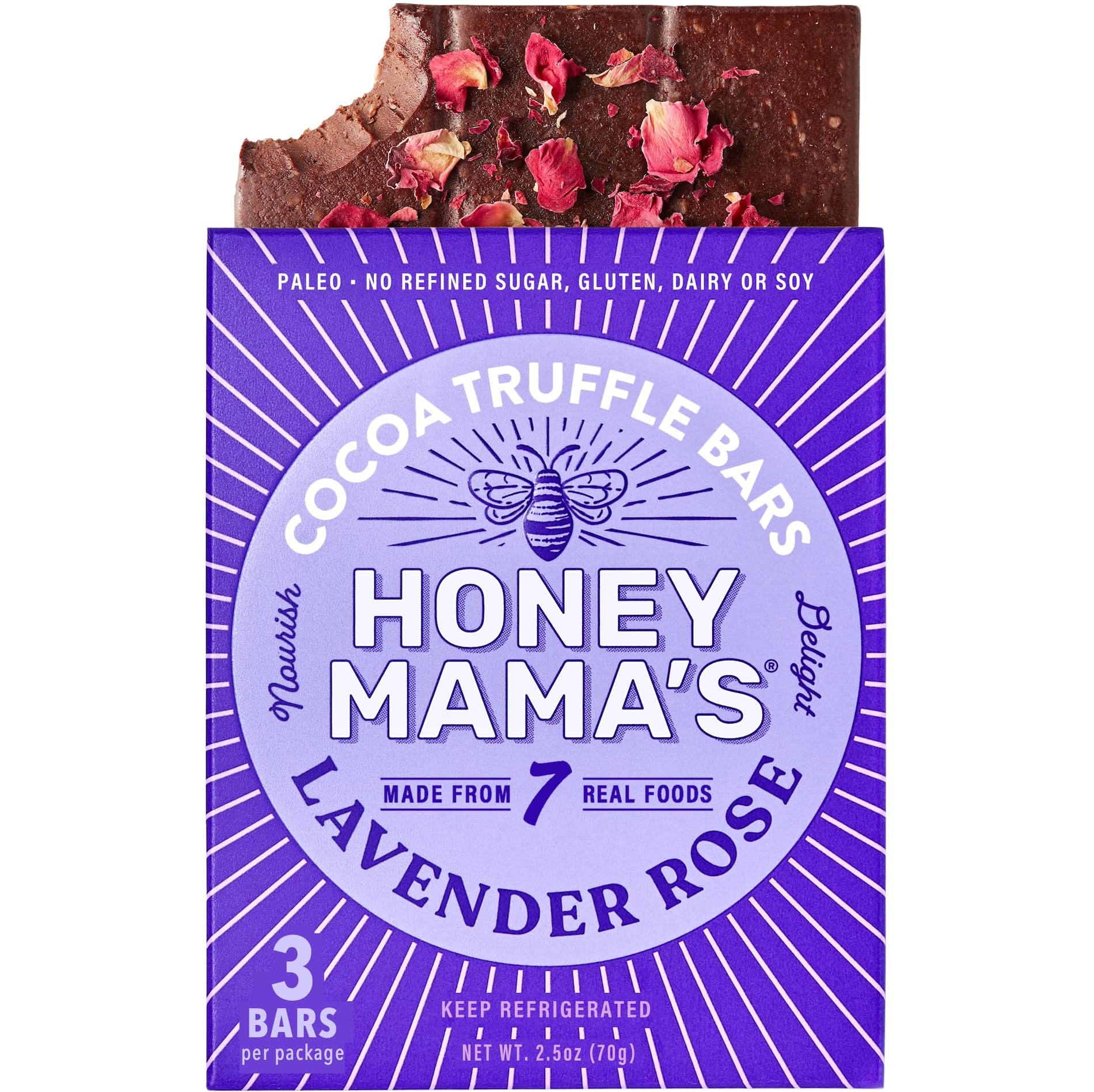 Honey Mama's Lavender Rose Cocoa Truffle Bars - Organic, Paleo, Gluten Free, Dairy Free, Soy Free, No Refined Sugar - 2.5oz (3 Servings) - Perfect for Healthy Snacking, Gifts & Vegan Treats