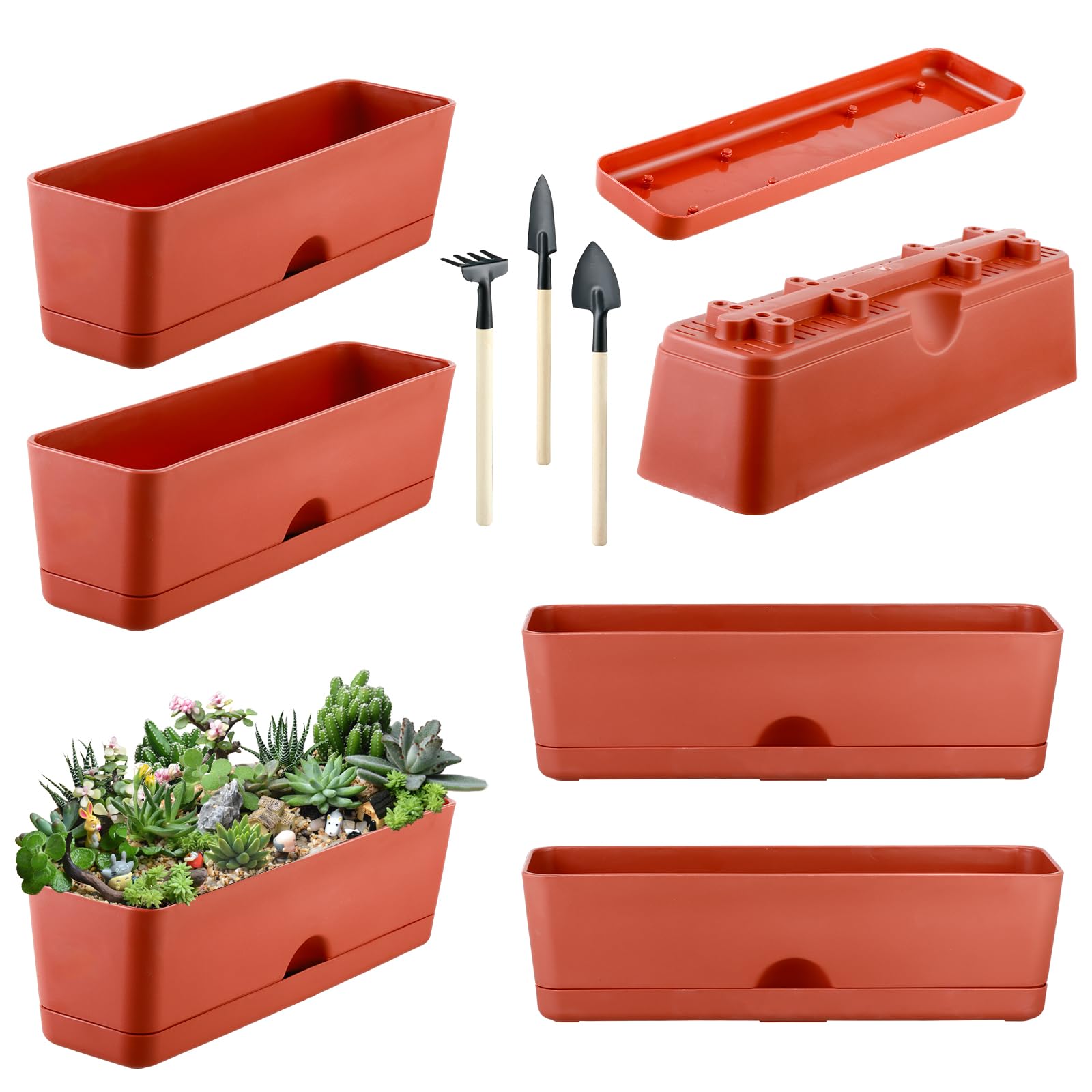 6-Pack 16 Inch Large Rectangle Plastic Window Box Planters for Herbs, Vegetables, Flowers - Indoor & Outdoor Use, Perfect for Windowsill, Balcony, Garden, and Patio Decor
