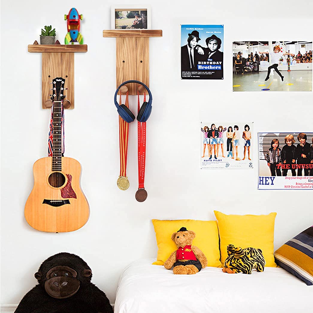 Premium 2-Pack Keebofly Guitar Wall Hangers - Solid Pine Wood Wall Mount Holder with Pick Storage for Acoustic/Electric Guitar, Bass, Ukulele & Mandolin - Space-Saving Instrument Display for Home, Studio & Music Classroom (Brown, Patented Design)