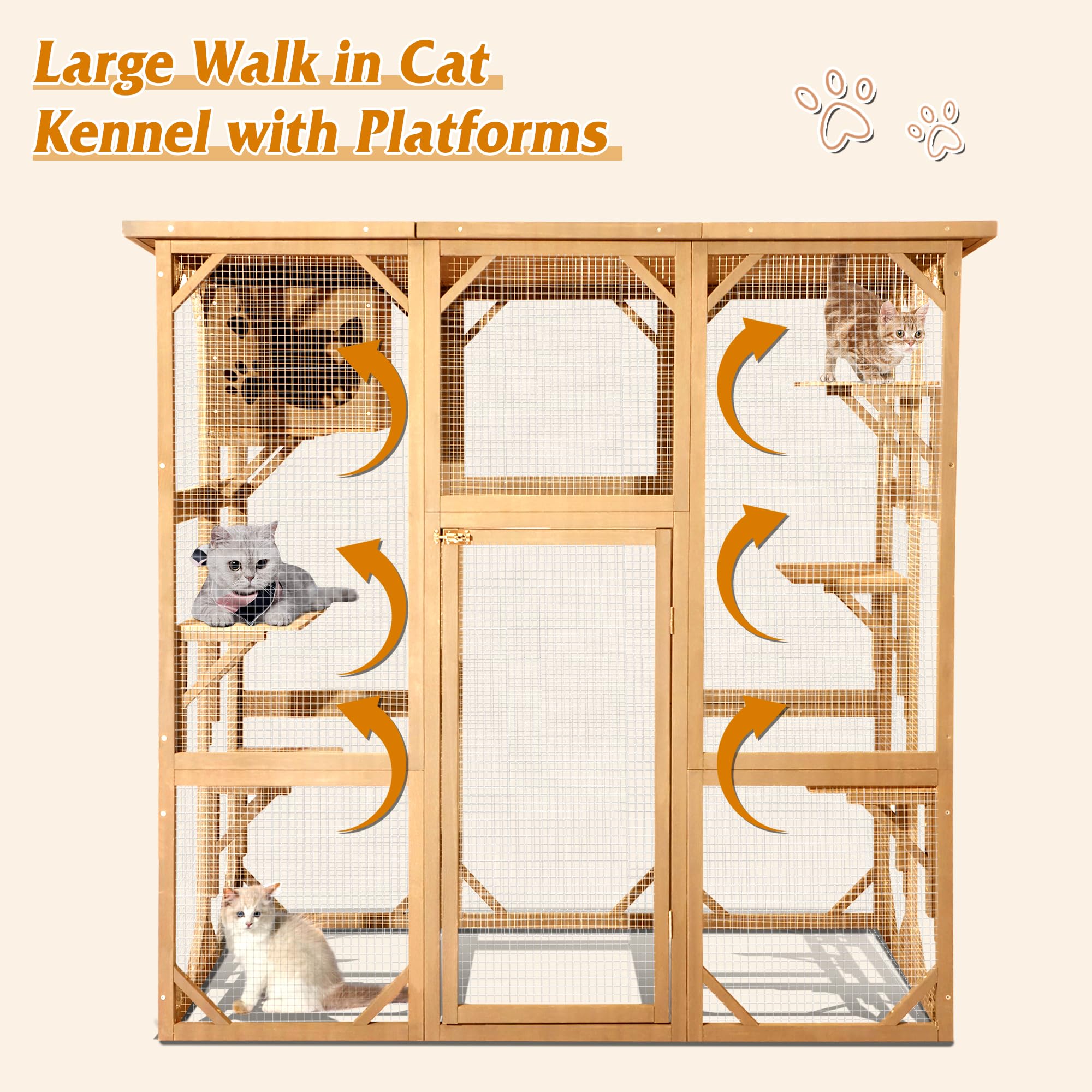 Outdoor Catio Enclosure - Weatherproof Wooden Cat House with Platform for Indoor & Outdoor Play