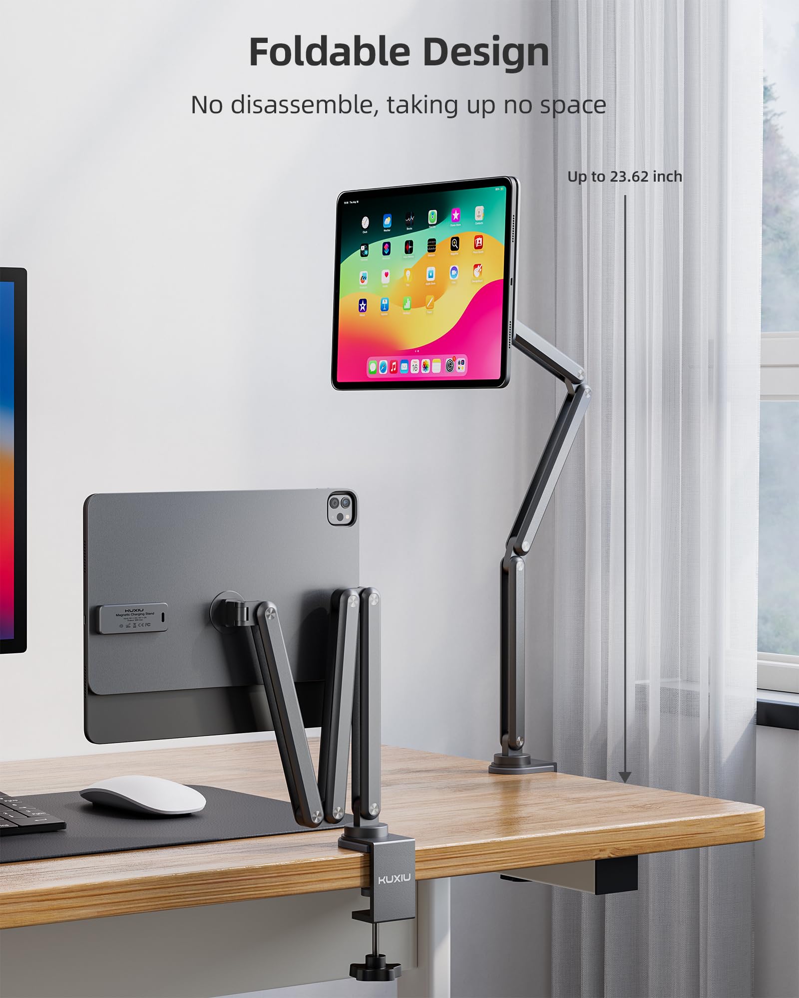Magnetic Wireless Charging Stand for iPad Pro 13 M4 (2024) - 360° Adjustable Aluminum Alloy Tablet Holder with 2M USB C Cable - Foldable Desktop Stand for Work, Study & Entertainment