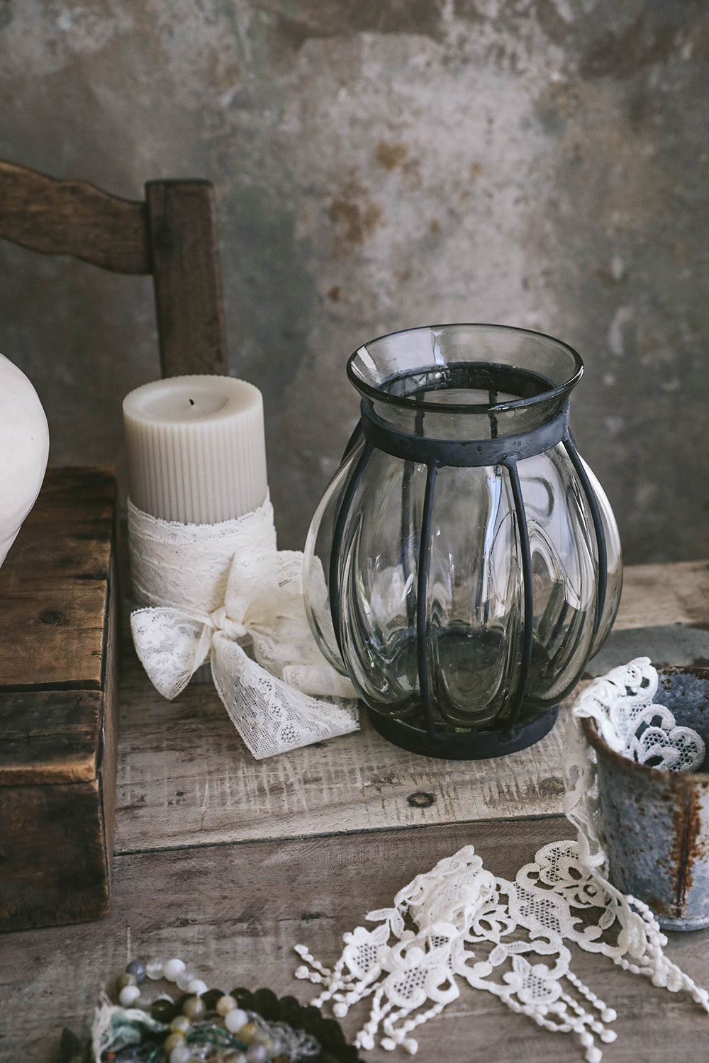 Handmade Blown Glass Vase and Lantern Set - Elegant Home Decor for Living Room, Wedding Centerpiece, Boho Chic Interior Design