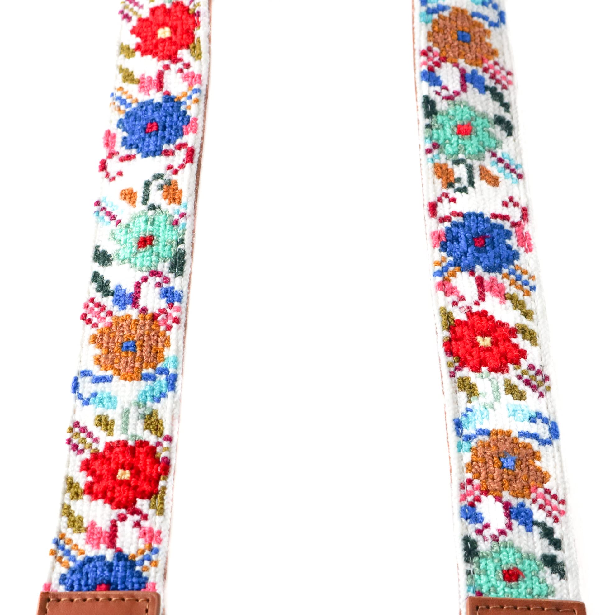 Floral Embroidered Woven Bag Strap with Tan Leather - Adjustable Crossbody Purse Strap, Wide Shoulder Strap for Handbags, Luggage & Cameras - Perfect for Travel, Shopping & Everyday Use