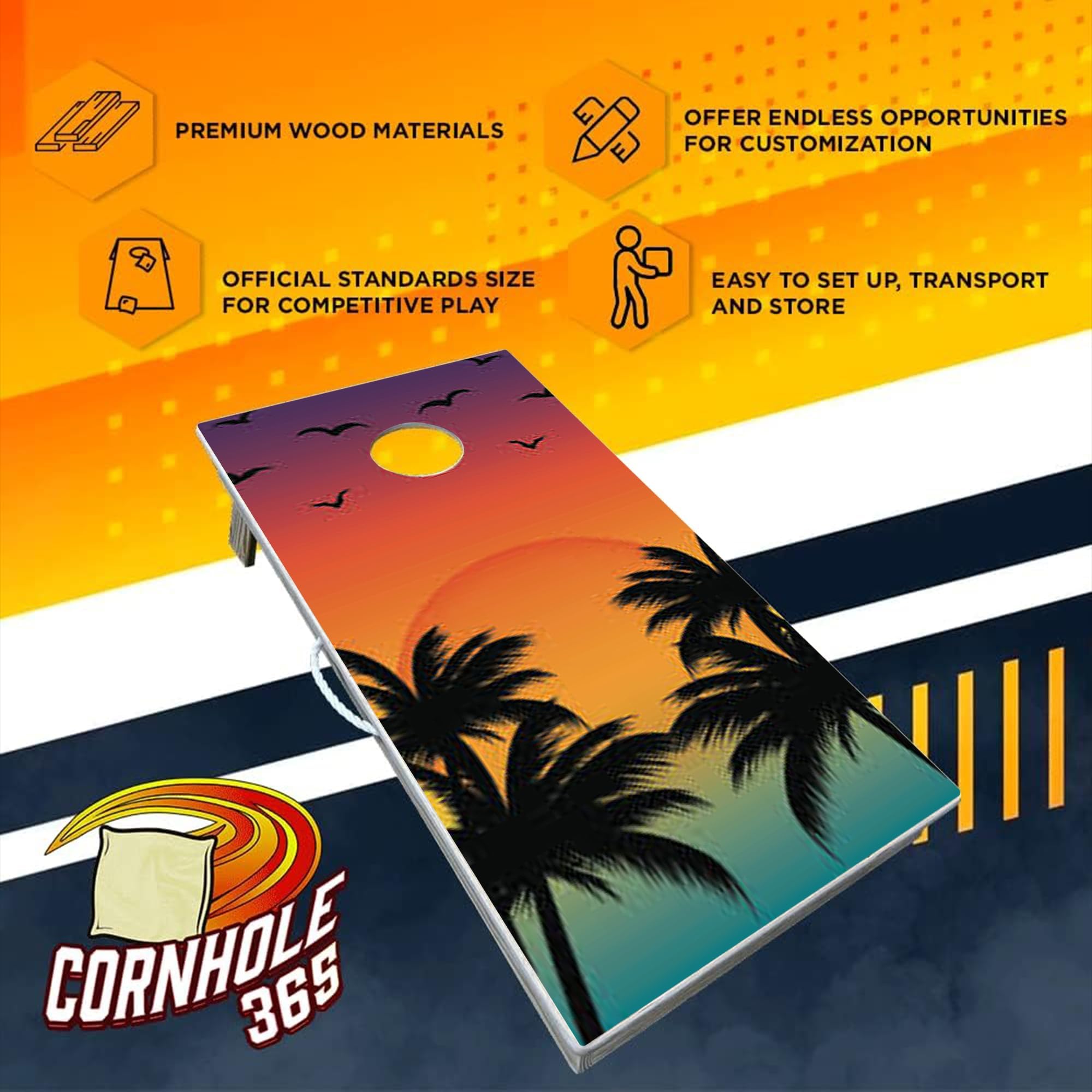 Cornhole365 Professional Regulation Size Cornhole Board Set - Heavy Duty Solid Wood with UV Direct Print (Set of 2) | Perfect for Backyard Parties, Tailgating, Outdoor Games & Tournaments