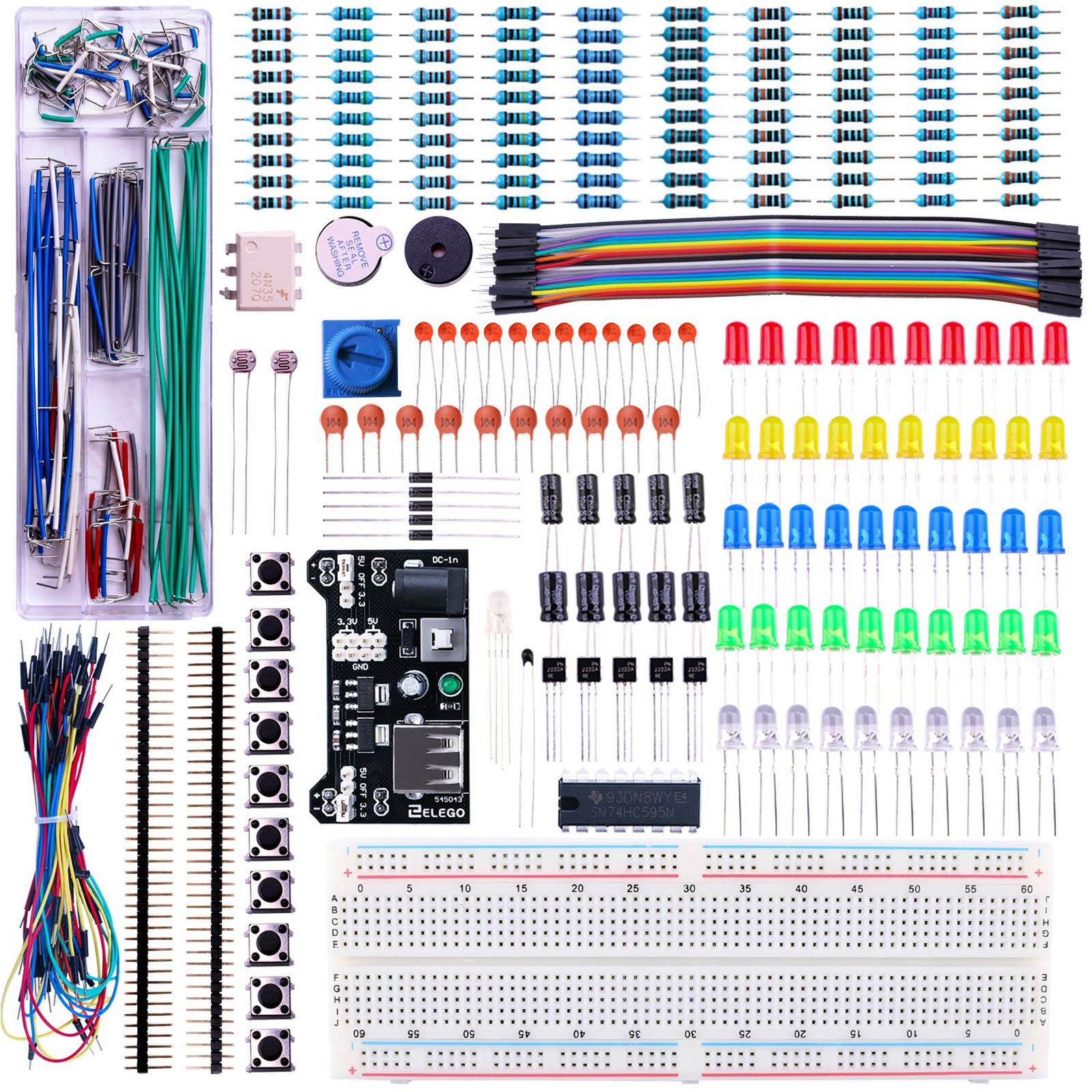 ELEGOO Upgraded Electronics Fun Kit with Power Supply Module, Jumper Wires, Precision Potentiometer & 830 Tie-Points Breadboard - Compatible with Arduino & STM32 for DIY Projects, STEM Learning & Prototyping