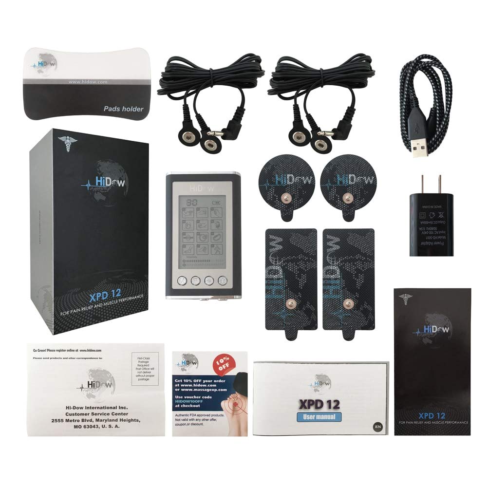 HiDow XPD Dual Channel TENS EMS Unit - 12 Modes Muscle Stimulator for Pain Relief Therapy, Electronic Pulse Massager for Shoulder, Back, Sciatica, Abs, Legs & Knee Pain - Perfect for Home Use, Workout Recovery & Chronic Pain Management