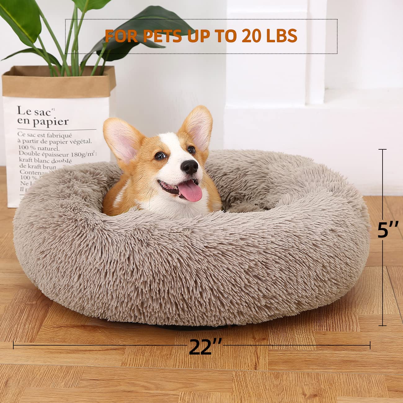 **Donut Dog Beds for Medium Dogs - Washable Large Round Pet Bed with Faux Fur, Calming Cuddler for Dogs & Cats - Cozy Fluffy Bed for Small Pets - Perfect for Home, Crate & Travel Use**