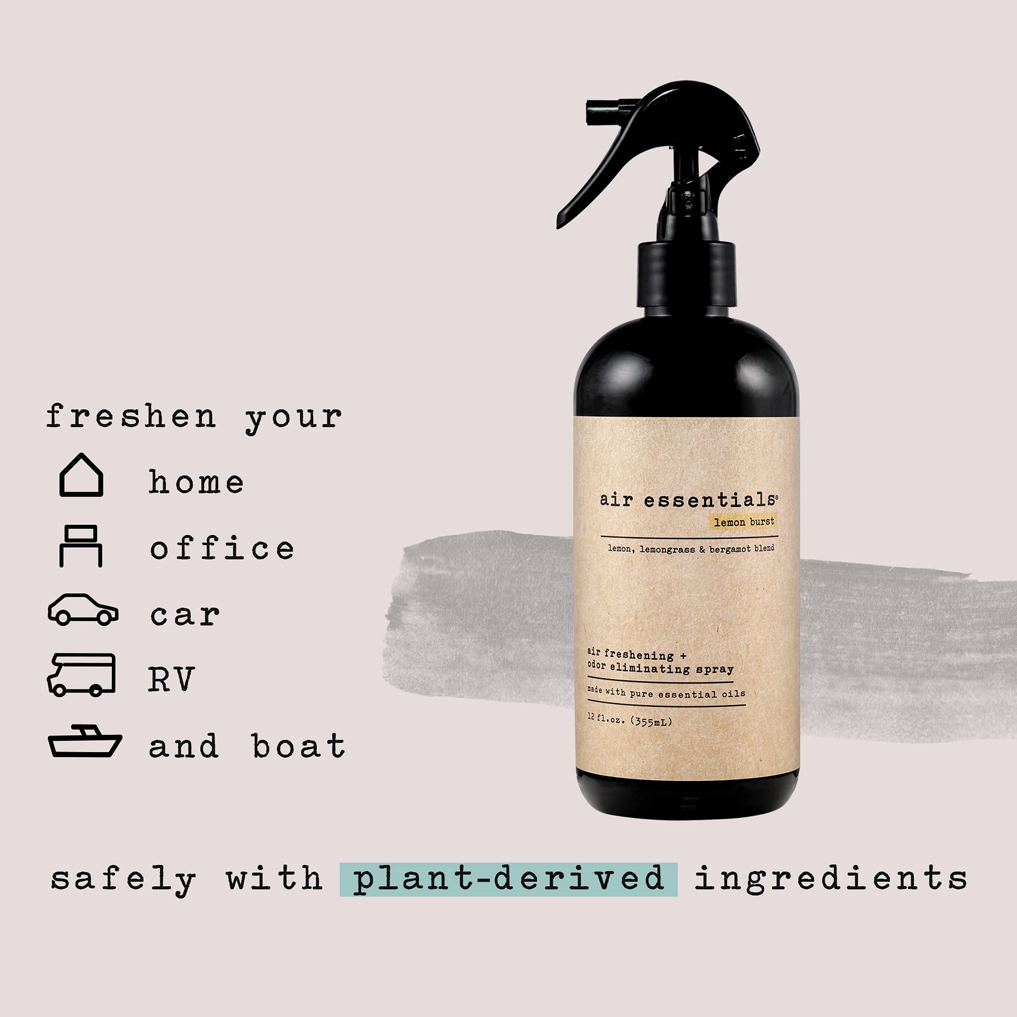 Air Essentials Air Freshener & Odor Eliminator Spray - 12 oz, Pack of 2 - Natural Essential Oil Formula - Lemon Burst Scent for Home, Car, Office & Bathroom