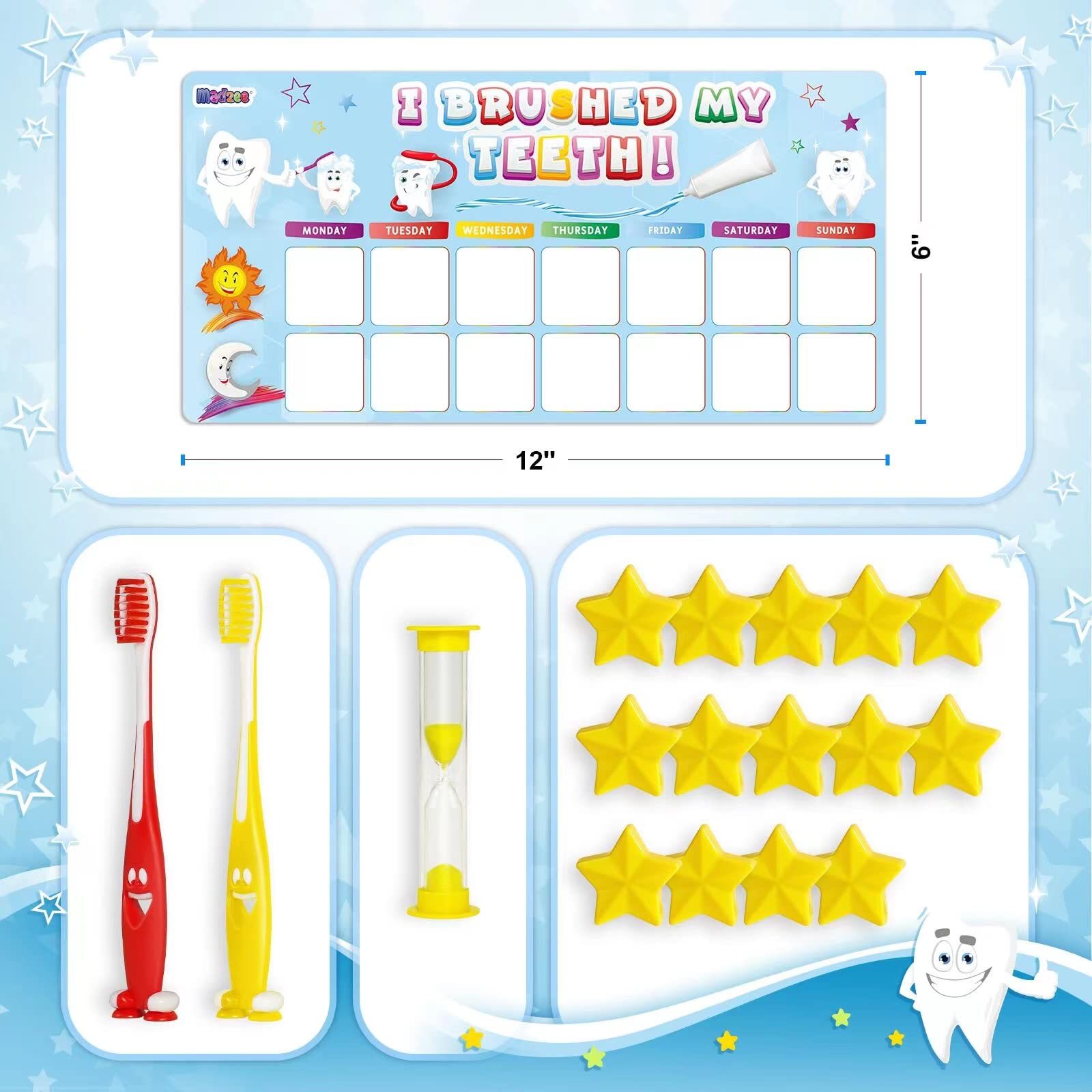 **Madzee Kids Toothbrush Set with Reward Chart & Sand Timer - 2 Soft Bristle Toothbrushes for Ages 3+ | Fun & Effective Brushing for Healthy Teeth | Perfect for Morning & Bedtime Routines**