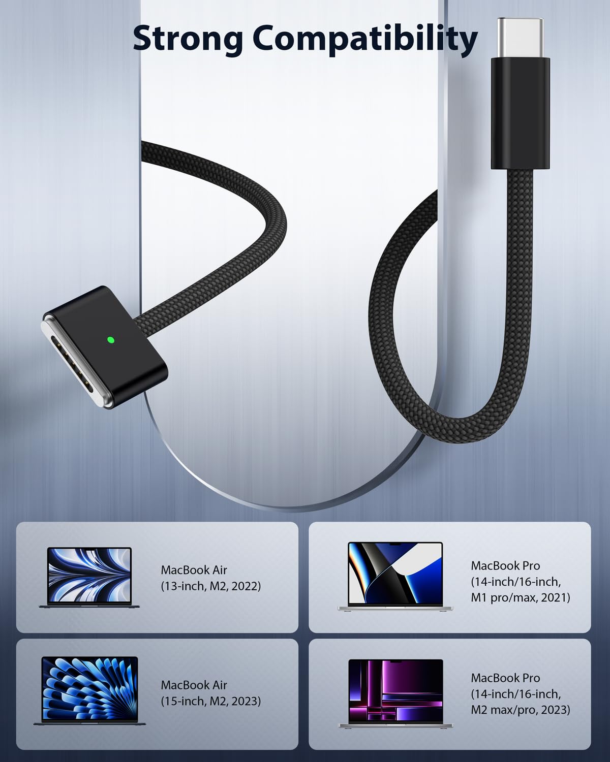 140W USB-C to Magnetic 3 Fast Charging Cable - Compatible with MacBook Pro 14/16-inch (2021/2023), MacBook Air 13/15-inch (2023/2024) - 6ft Nylon Braided Cable for Home, Office & Travel Charging