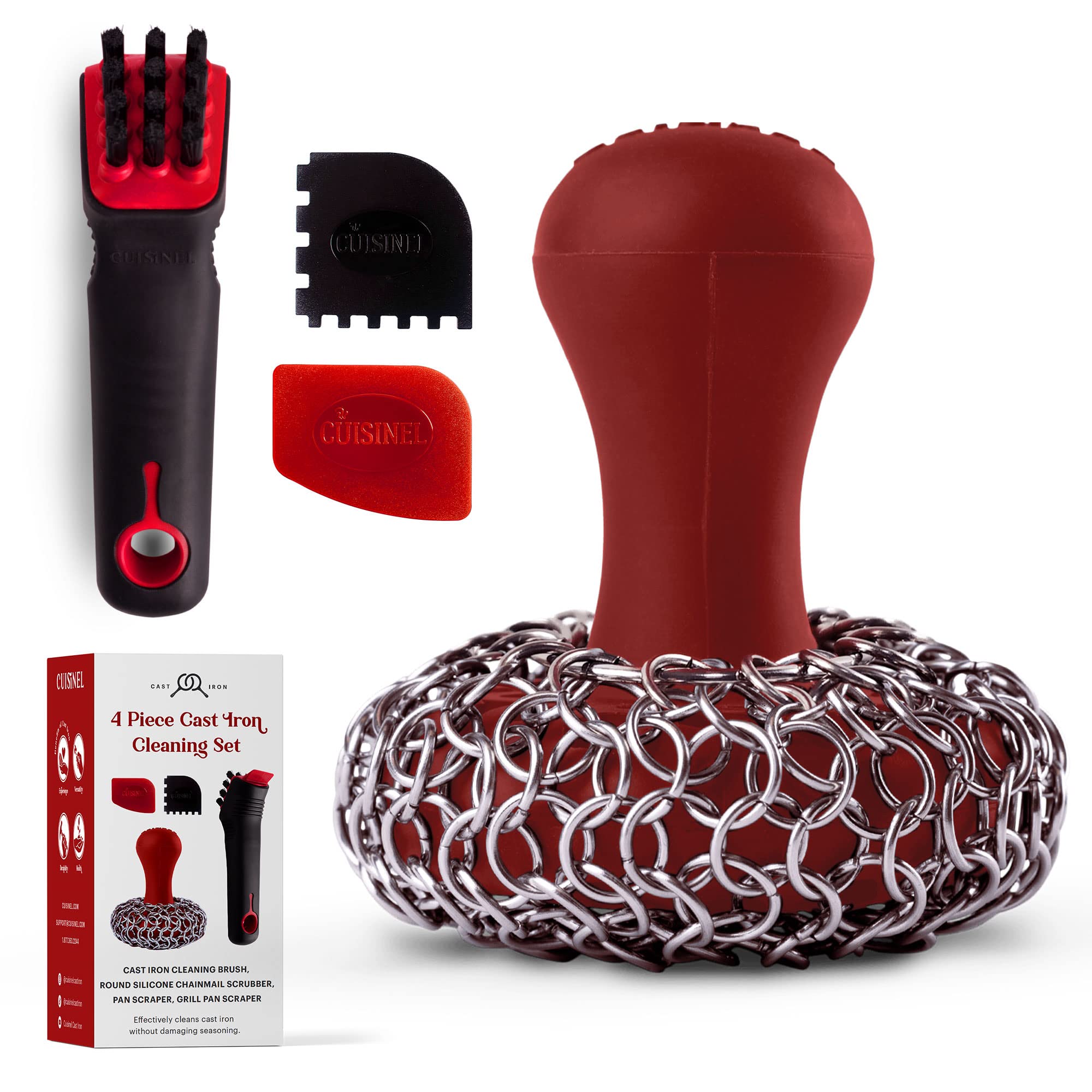 Cast Iron Chain Mail Scrubber & Grill Cleaning Kit - Heavy Duty Stainless Steel Pan Scraper with Soft-Touch Silicone Handle - Perfect for Cast Iron Skillets, Griddles, BBQ Grills & Cookware - Dishwasher Safe Cleaning Tools for Kitchen & Outdoor Cooking
