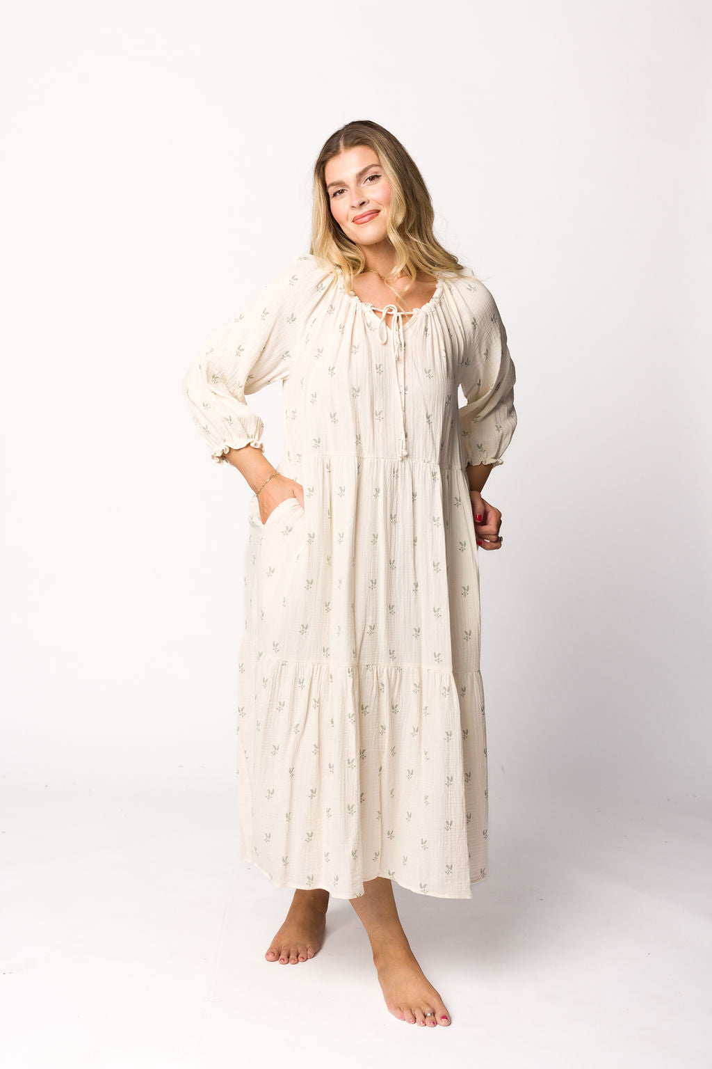 Avery Tiered Linen Blend Midi Dress in Soy/Sage Foliage - Bump Friendly Maternity Dress with Inclusive Sizing for Women - Perfect for Summer Weddings, Beach Vacations & Brunch Dates