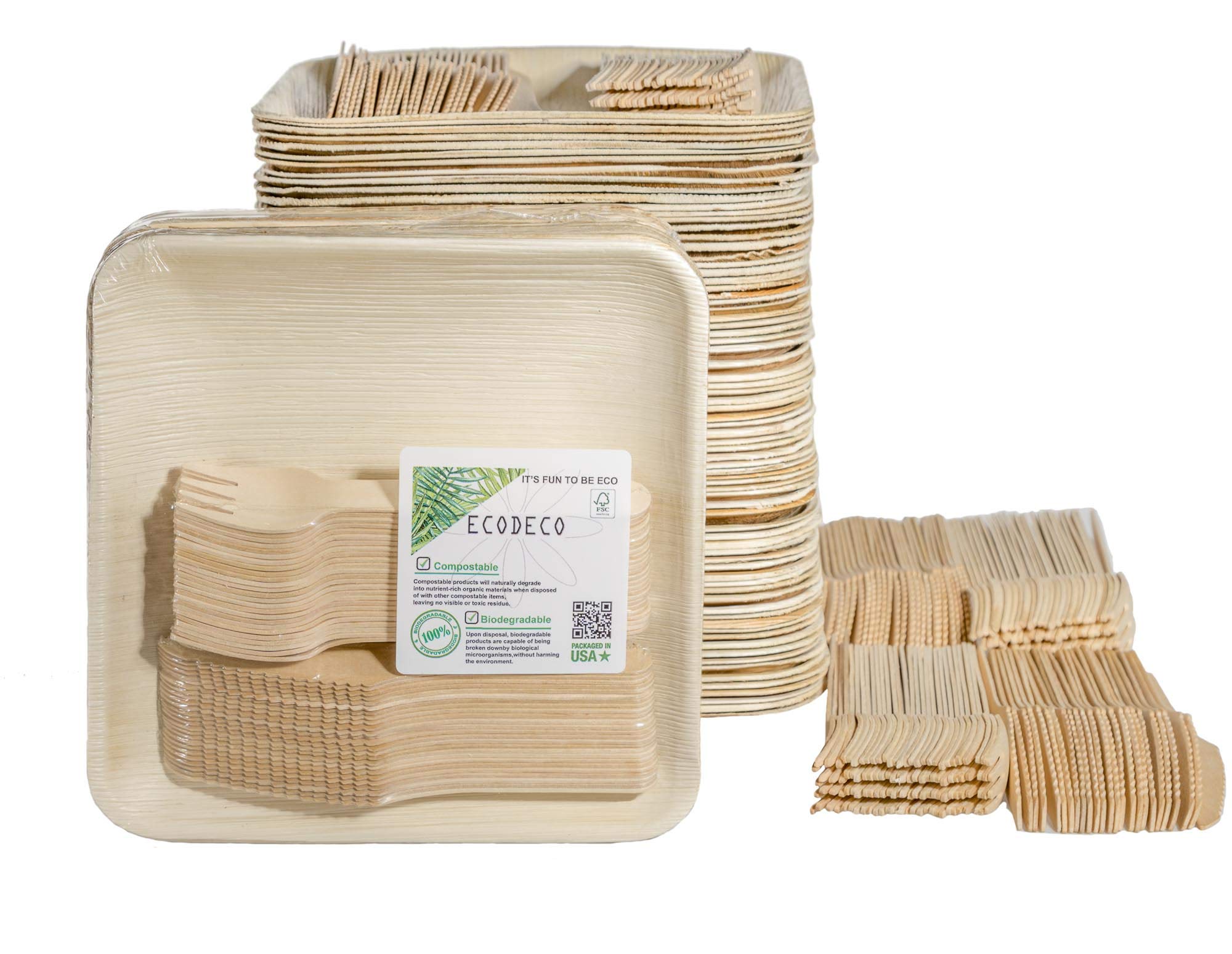 ECODECO 8 Inch Square Palm Leaf Compostable Plates - 100 Pack Biodegradable Disposable Dinnerware Set with Cutlery - Eco Friendly Bamboo Alternative for Parties, Picnics, Weddings & Outdoor Events