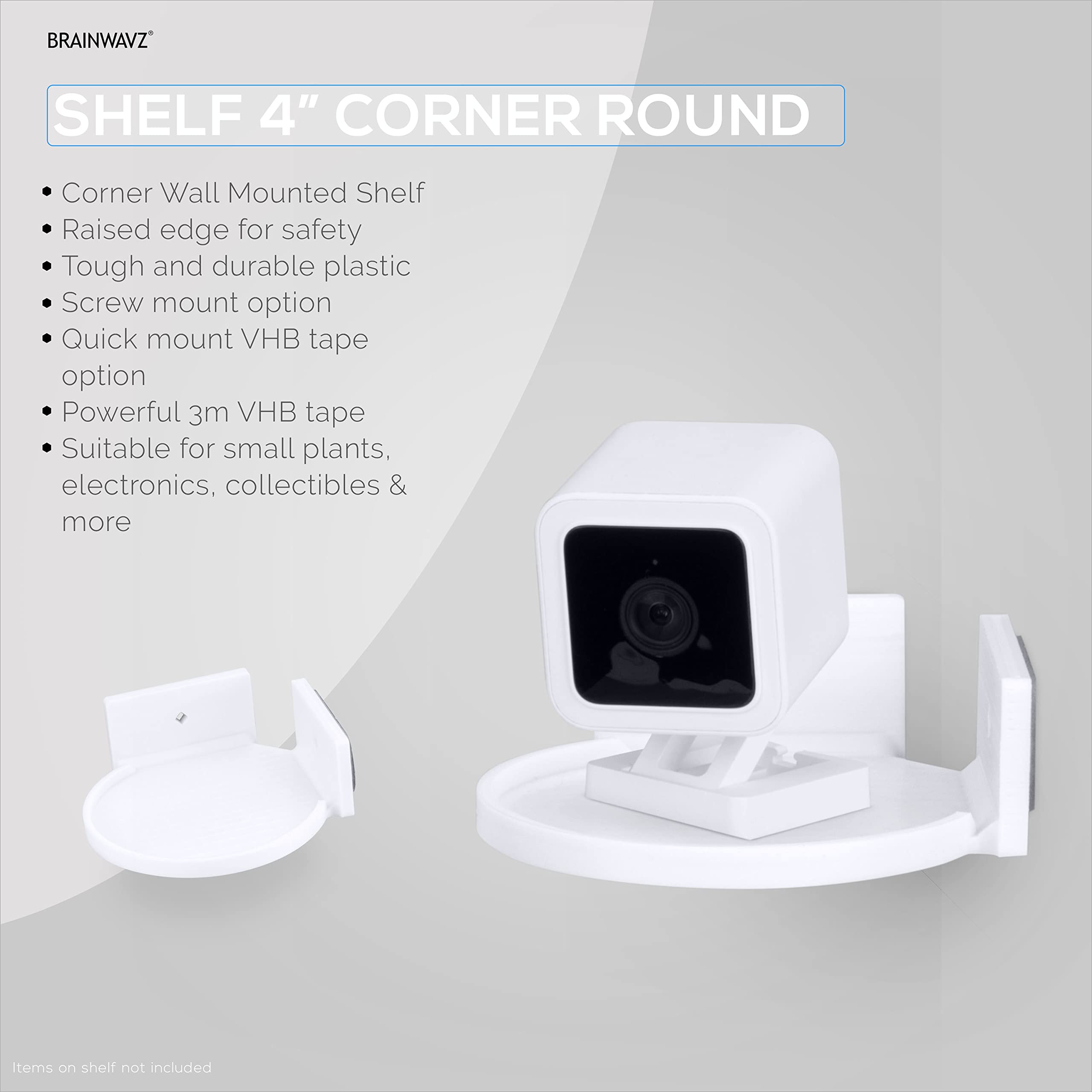 BRAINWAVZ 4 Inch Small Floating Shelf - Wall Mount with Adhesive & Screw Installation for Bluetooth Speakers, Cameras, Plants, Toys, Books - Easy to Install White Shelves for Home Office Decor & Organization