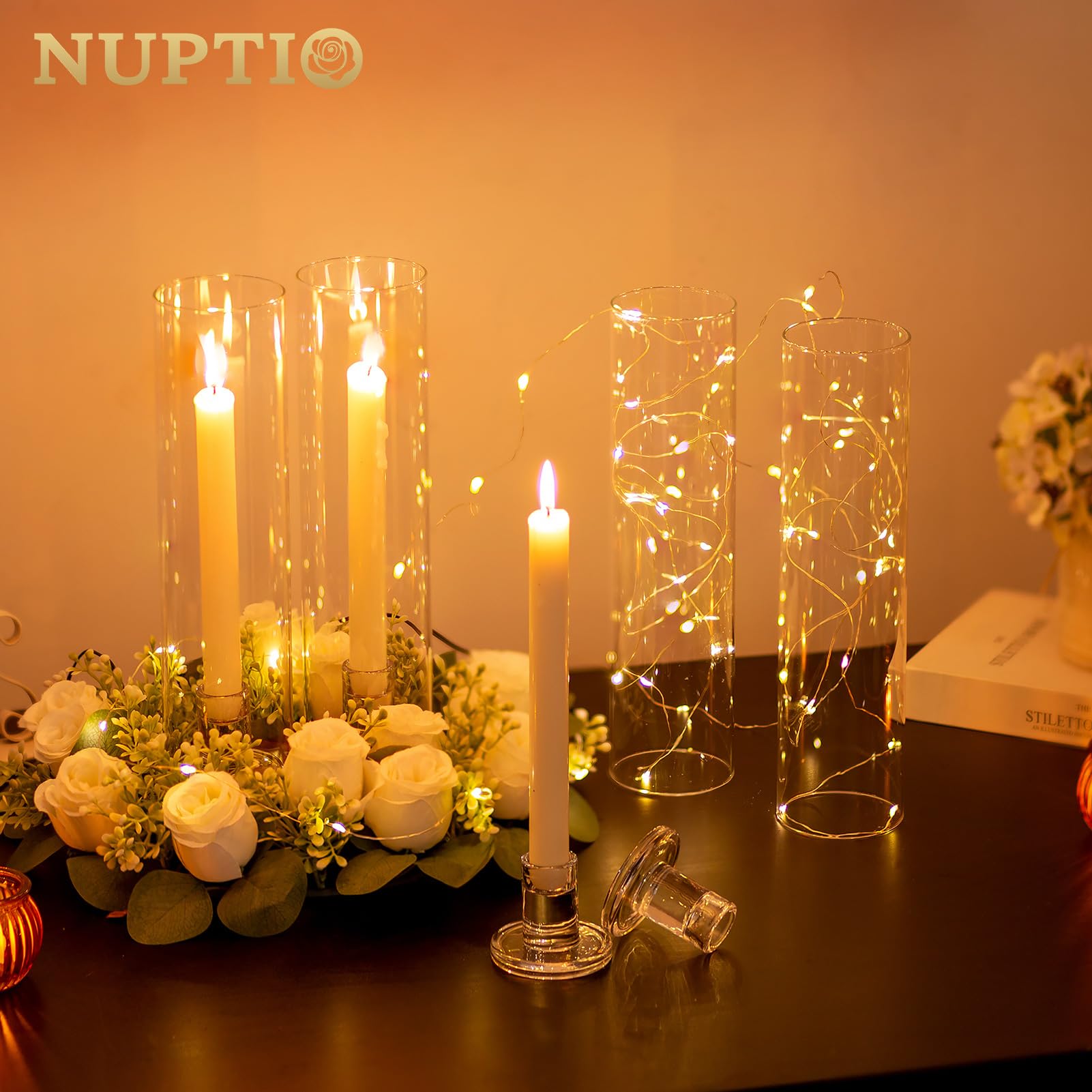NUPTIO Glass Taper Candle Holders - 10 Pack Bulk Hurricane Candle Holders for Tapered Candles, Large Crystal Candlestick Stand with Cylinder Sleeves - Perfect for Wedding, Christmas, Birthday Party & Home Decor (Centerpieces, Table Settings, Fireplace Mantel)