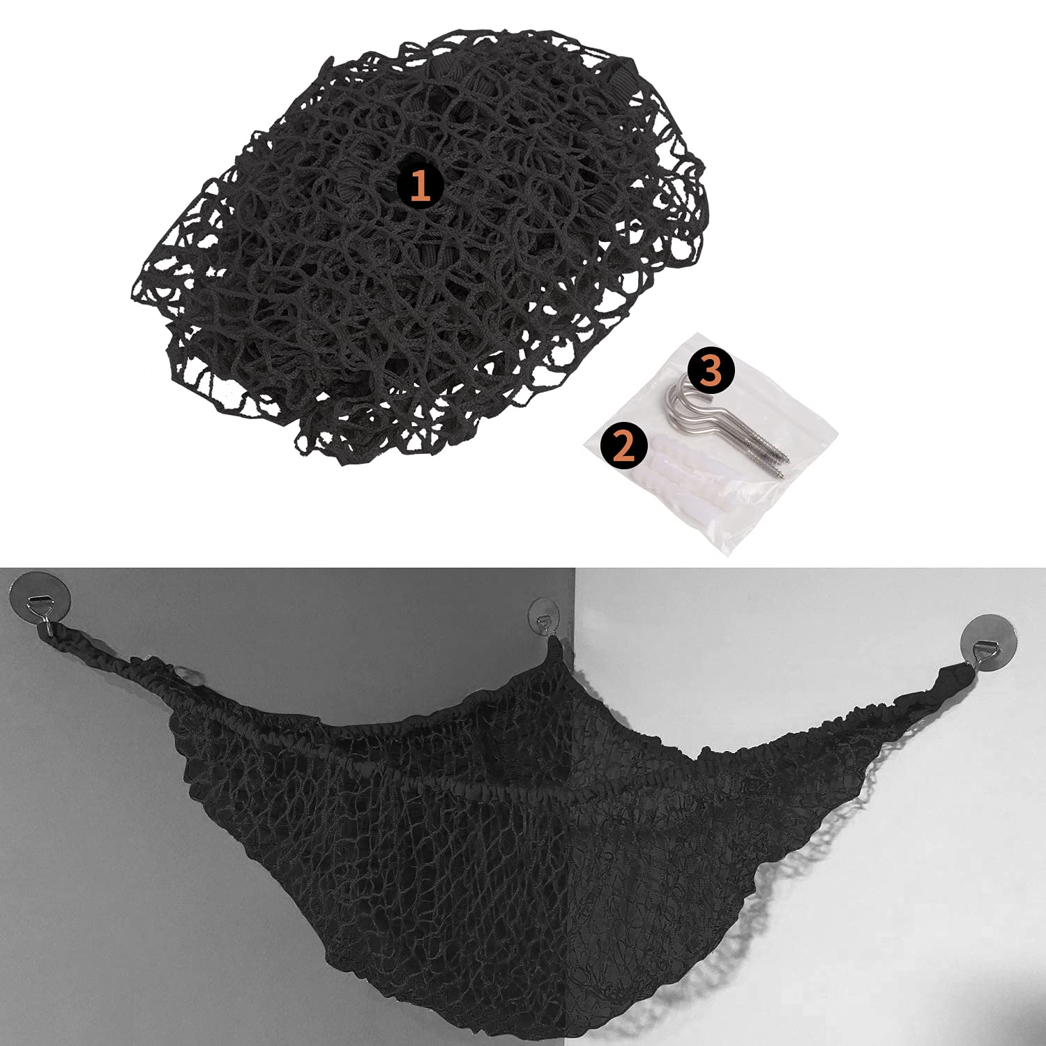 LXUNYI 84-Inch Large Mesh Toy Hammock - Stuffed Animal Storage Net Organizer for Kids' Bedroom, Wall Corner Space Saver | Perfect for Plush Toys, Stuffed Animals & Kids Room Decor (Black)
