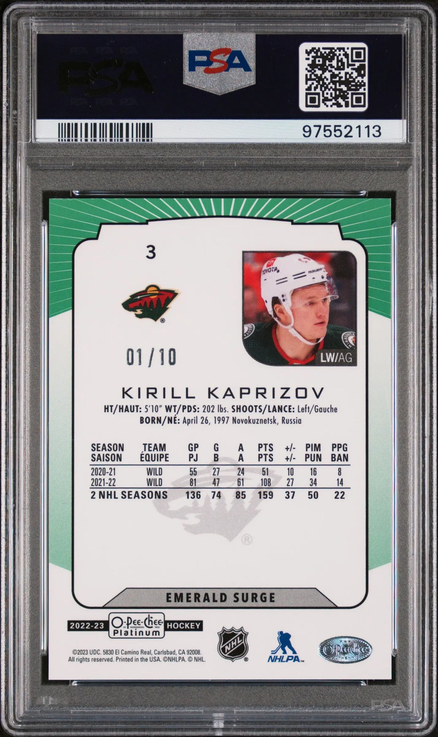 2022 O Pee Chee Platinum Emerald Surge Kirill Kaprizov PSA 10 01/10 #3 Hockey Trading Card - Rare Collectible for NHL Fans & Sports Memorabilia Enthusiasts