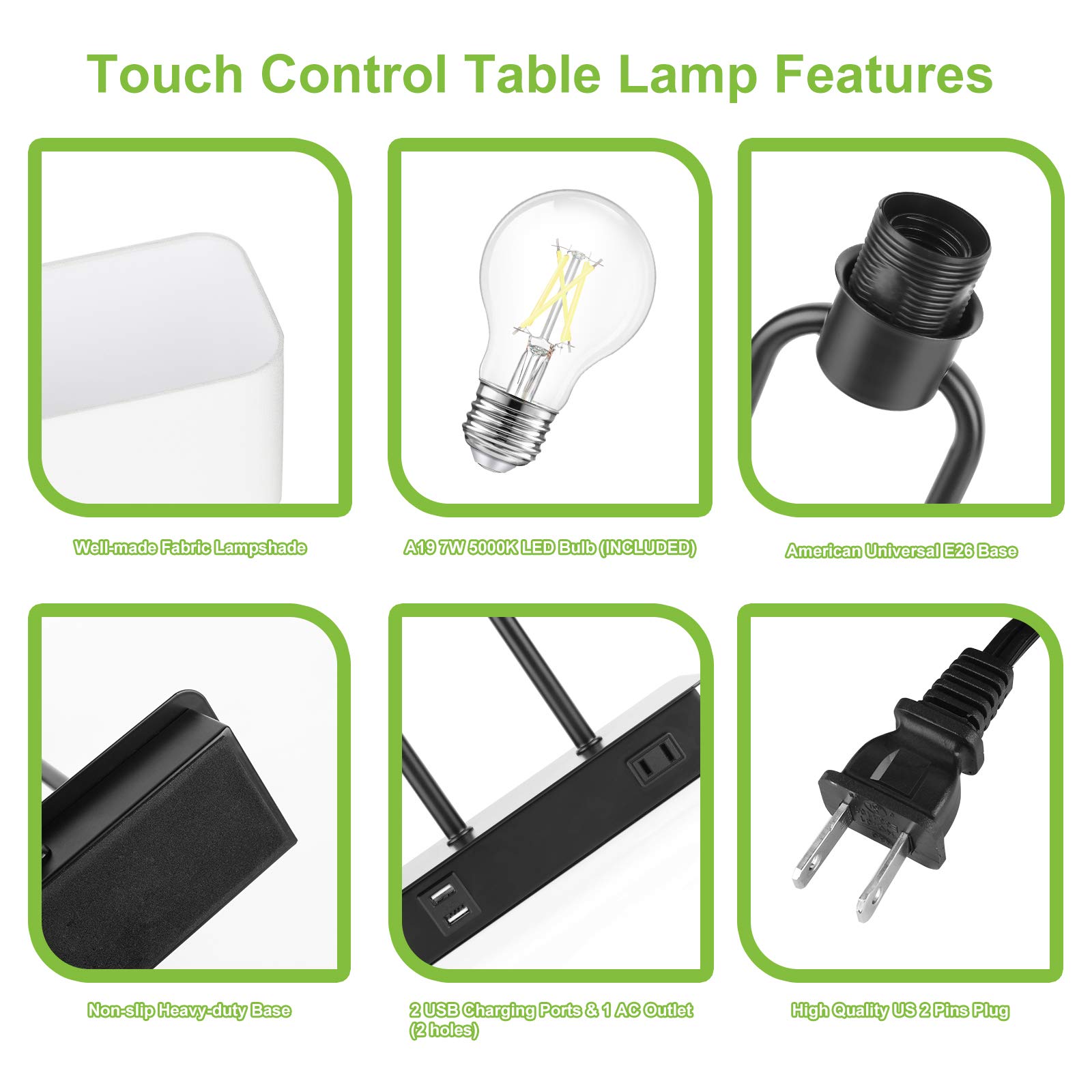 Modern Touch Control Table Lamp with Dual USB Ports & AC Outlet - 3-Way Dimmable Nightstand Lamp with White Fabric Shade, 5000K LED Bulb - Perfect for Bedroom, Living Room, Office & Study Desk Lighting