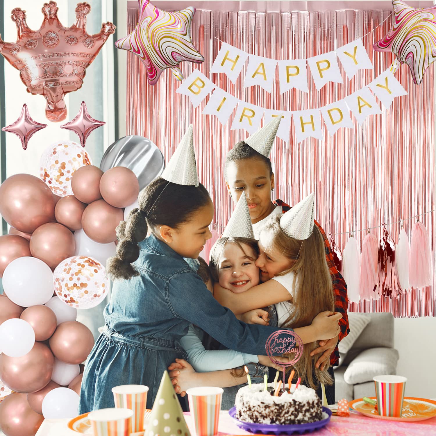 Elegant Rose Gold Birthday Party Decorations Set - Happy Birthday Banner, Fringe Curtain Backdrop, Balloons & Tassel Garland for Women's 30th/40th/50th Birthday, Bridal Shower, Baby Shower & Anniversary Celebrations