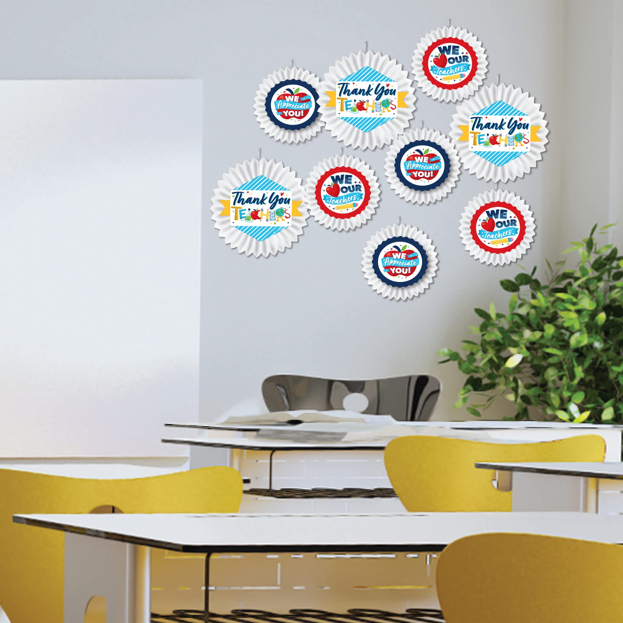 Big Dot of Happiness Thank You Teachers - Hanging Teacher Appreciation Tissue Paper Decoration Kit with 9 Paper Fans - Perfect for Classroom Decor, Teacher Gifts & School Celebrations