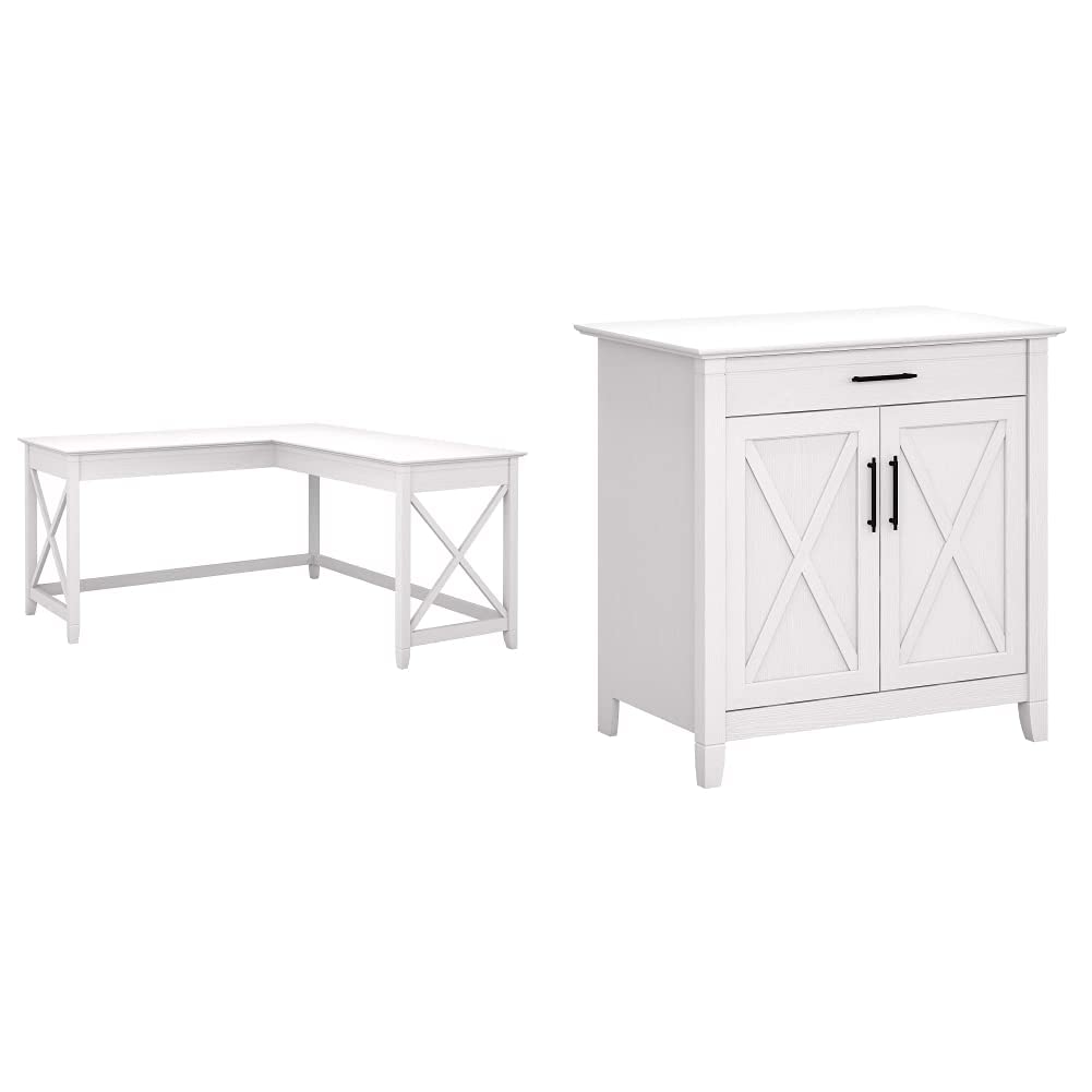 Bush Furniture Key West 60W L-Shaped Desk with Keyboard Tray & Storage Cabinet - Pure White Oak Finish - Home Office & Gaming Workstation