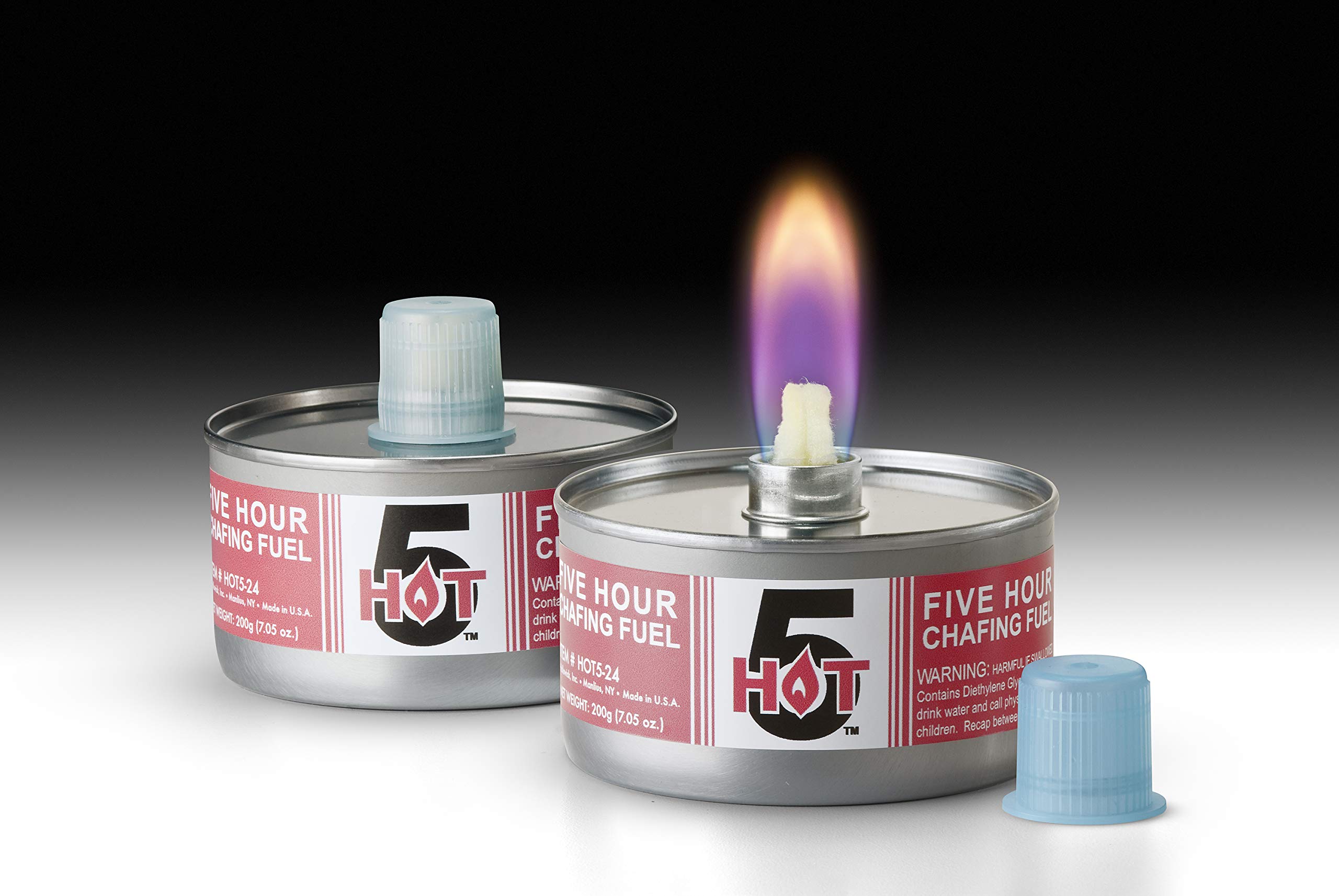 Hollowick Hot 5 Chafing Fuel - 5 Hour Liquid Canned Heat for Buffet Food Warmers | Safe Non-Flammable Fuel with Non-Adjustable Wick | 24 Can Pack | Perfect for Catering, Buffets & Outdoor Events