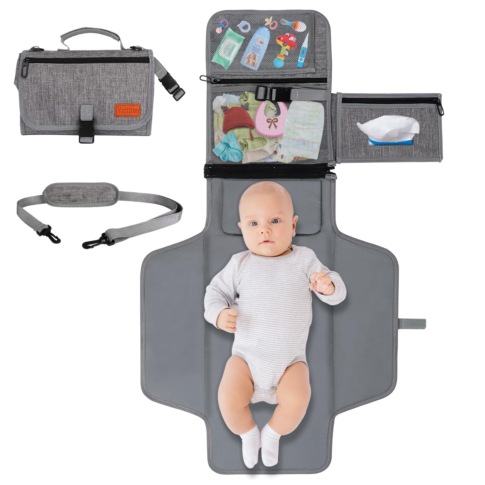 Portable Waterproof Diaper Changing Pad for Newborns & Babies - Travel-Friendly Baby Changing Mat with Smart Wipes Pocket - Ideal Baby Shower Gift for Boys & Girls (Grey) | Perfect for On-the-Go Parents, Travel, Home Nursery & Daycare Use