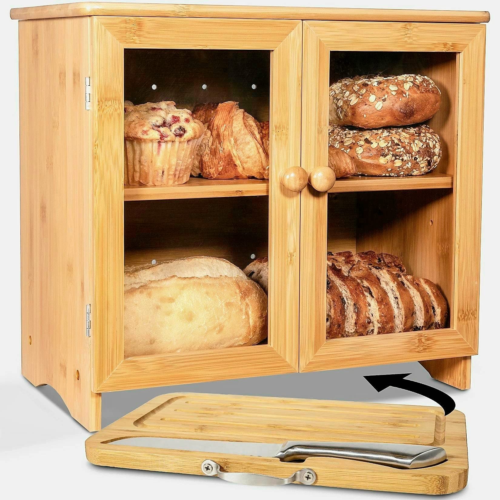 Rustic Large Wooden Bread Box for Kitchen Countertop with Thick Bamboo Cutting Board & Stainless Steel Bread Knife - Adjustable Shelf, Easy Self-Assembly | Perfect for Bread Storage, Baking Essentials, and Farmhouse Style Kitchen Decor