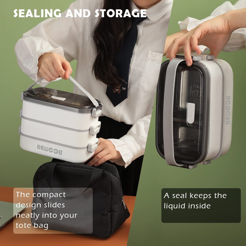 HEWOOH 74oz Large Bento Box for Adults - Reusable Lunch Container with 3 Compartments, Includes Insulated Lunch Bag & Cutlery Set (Fork & Spoon) | Microwave & Dishwasher Safe | Perfect for Office, School, Picnic, Camping & Meal Prep (White)