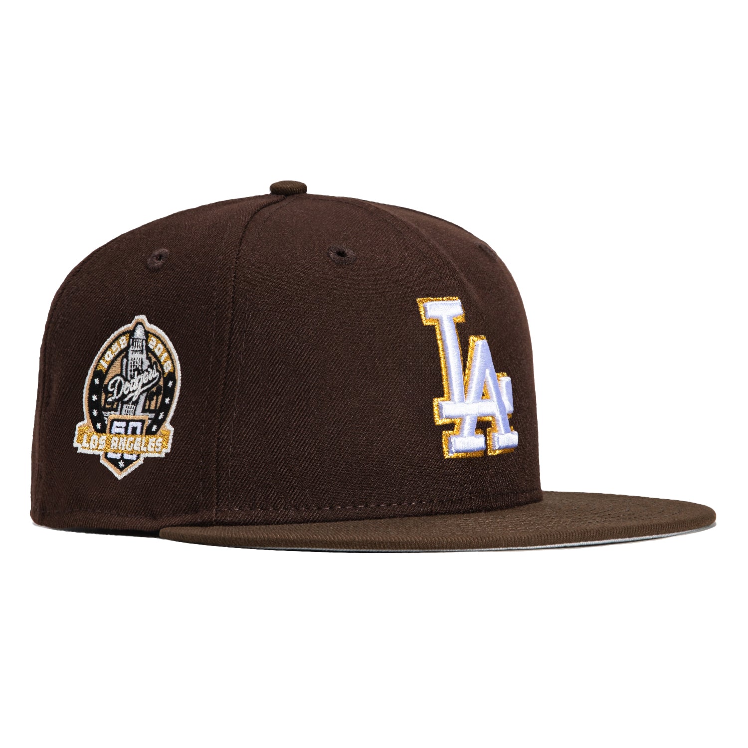 New Era 59Fifty Los Angeles Dodgers 60th Anniversary Patch Snapback Hat - Dark Brown & Brown - Perfect for Baseball Games, Sports Events & Casual Wear