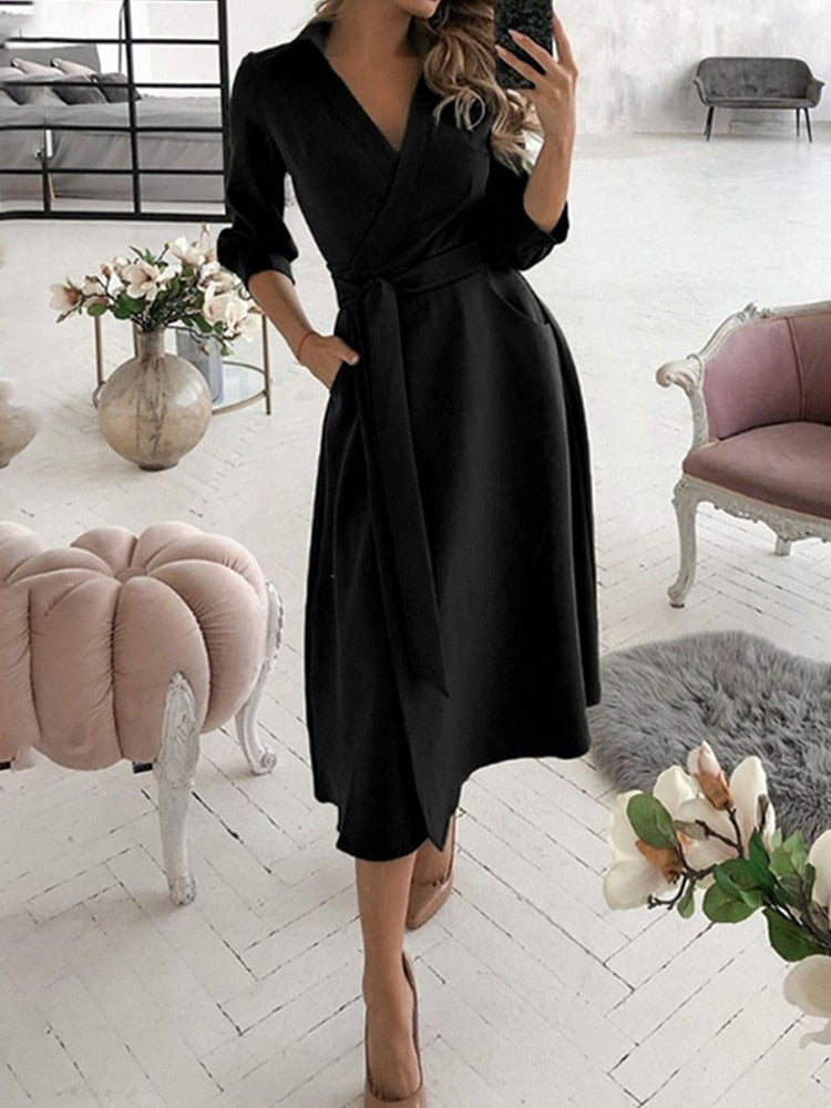 Women's Long Sleeve Casual Dress with Pockets - Comfortable Everyday Wear for Work, Outings & Date Nights