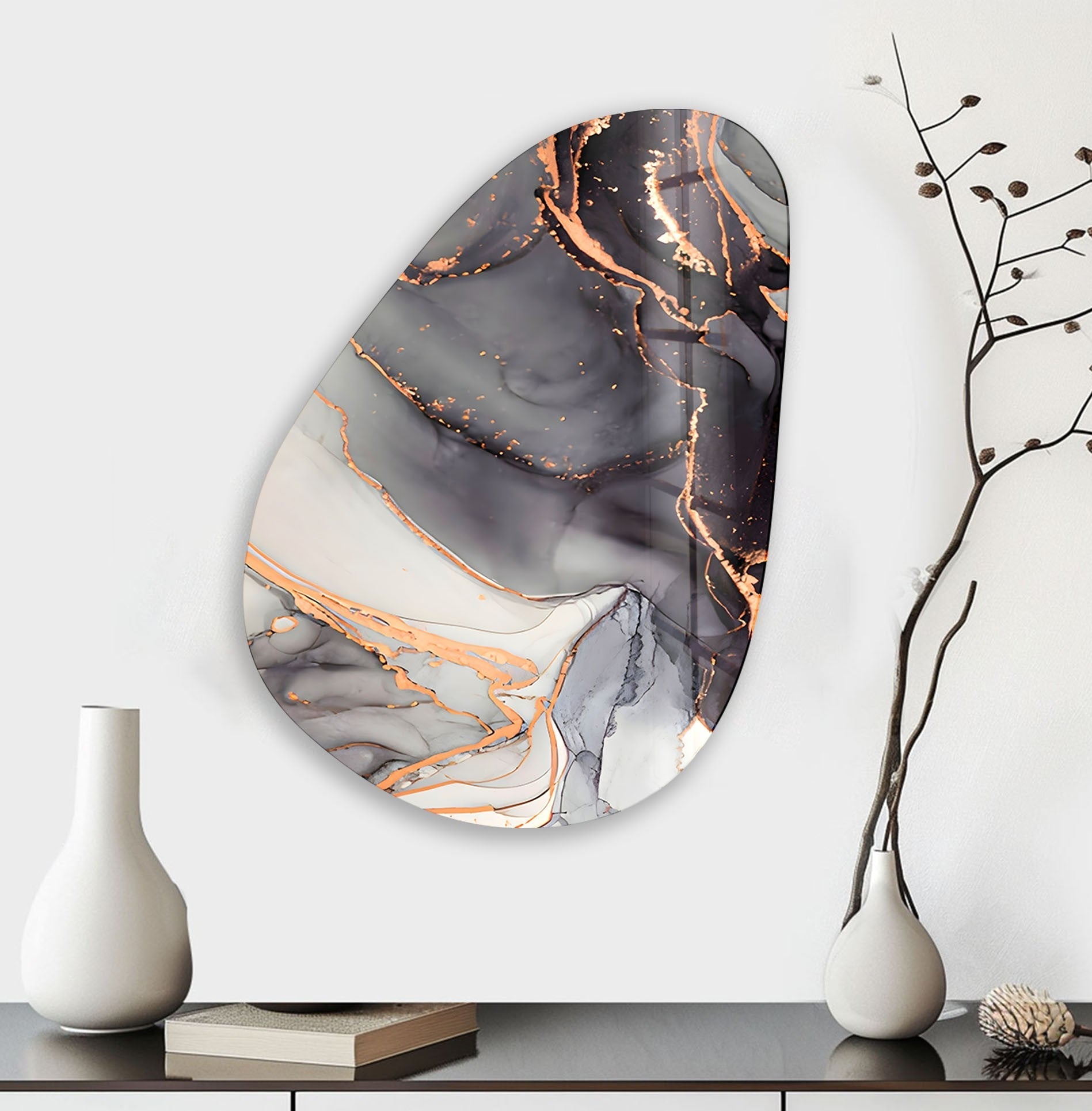 Asymmetrical Oval Black White Golden Glass Wall Art - Modern Abstract Home Decor for Living Room, Bedroom, Office | Unique Handmade Glass Artwork