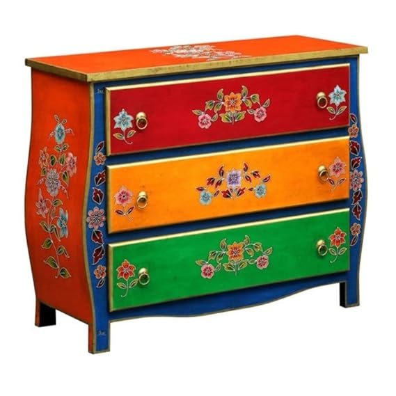 Hand Painted Solid Wood Dresser with 5 Drawers - Vintage Multi-Color Storage Chest for Bedroom, Living Room & Office Organization