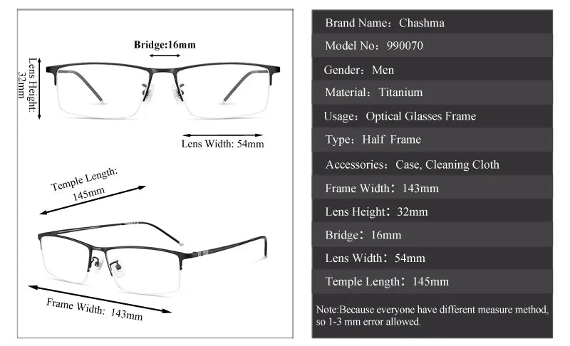 Titanium Square Semi-Rimless Eyeglasses for Men - Lightweight & Durable Frame - Perfect for Reading, Work, and Everyday Use