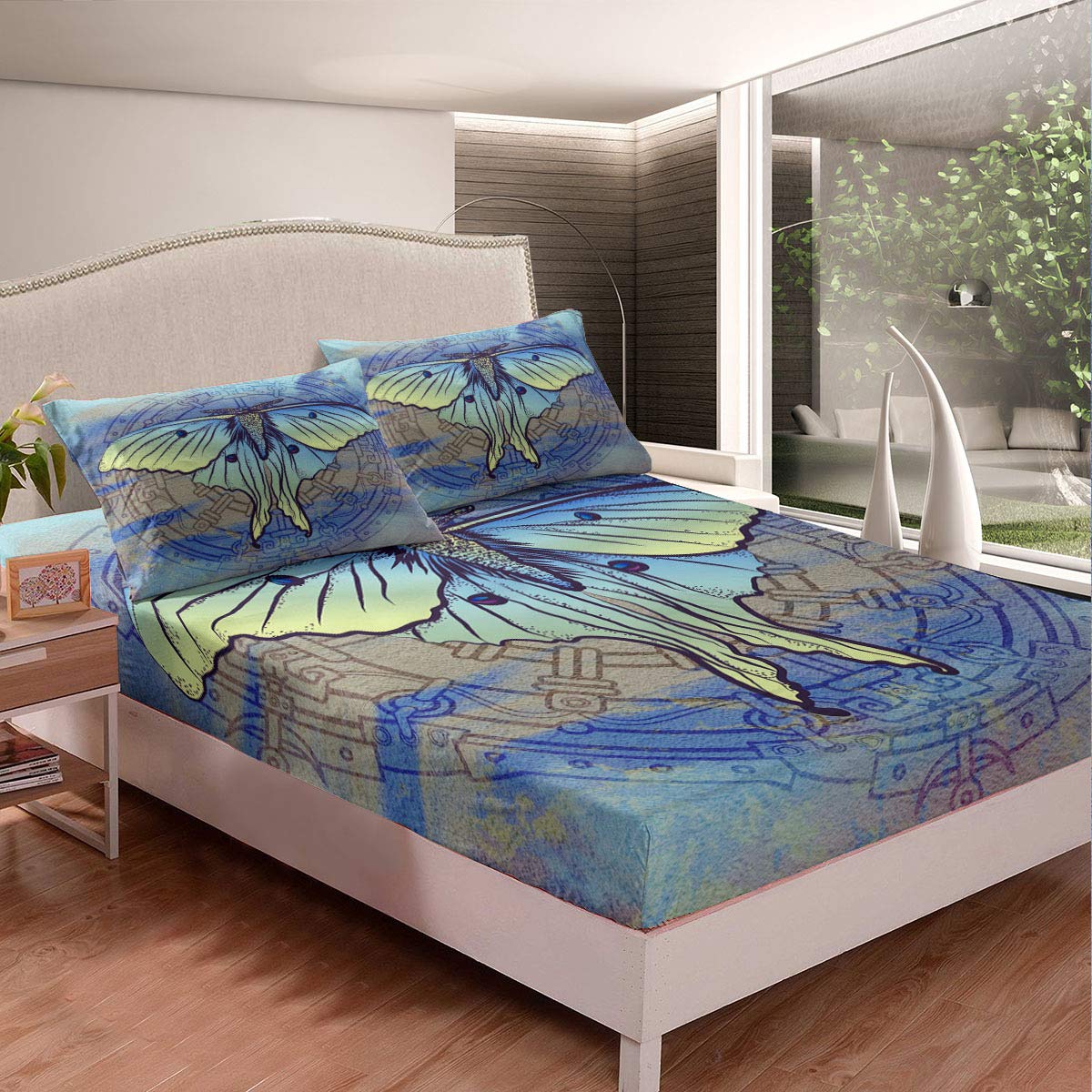 Super Soft Microfiber Butterfly Bed Sheet Set - Grey & Yellow Deep Pocket Fitted Sheet with Pillowcase (Twin Size 2pc) | Luxurious Bedding for Kids Room, Guest Bed & Dorm Essentials