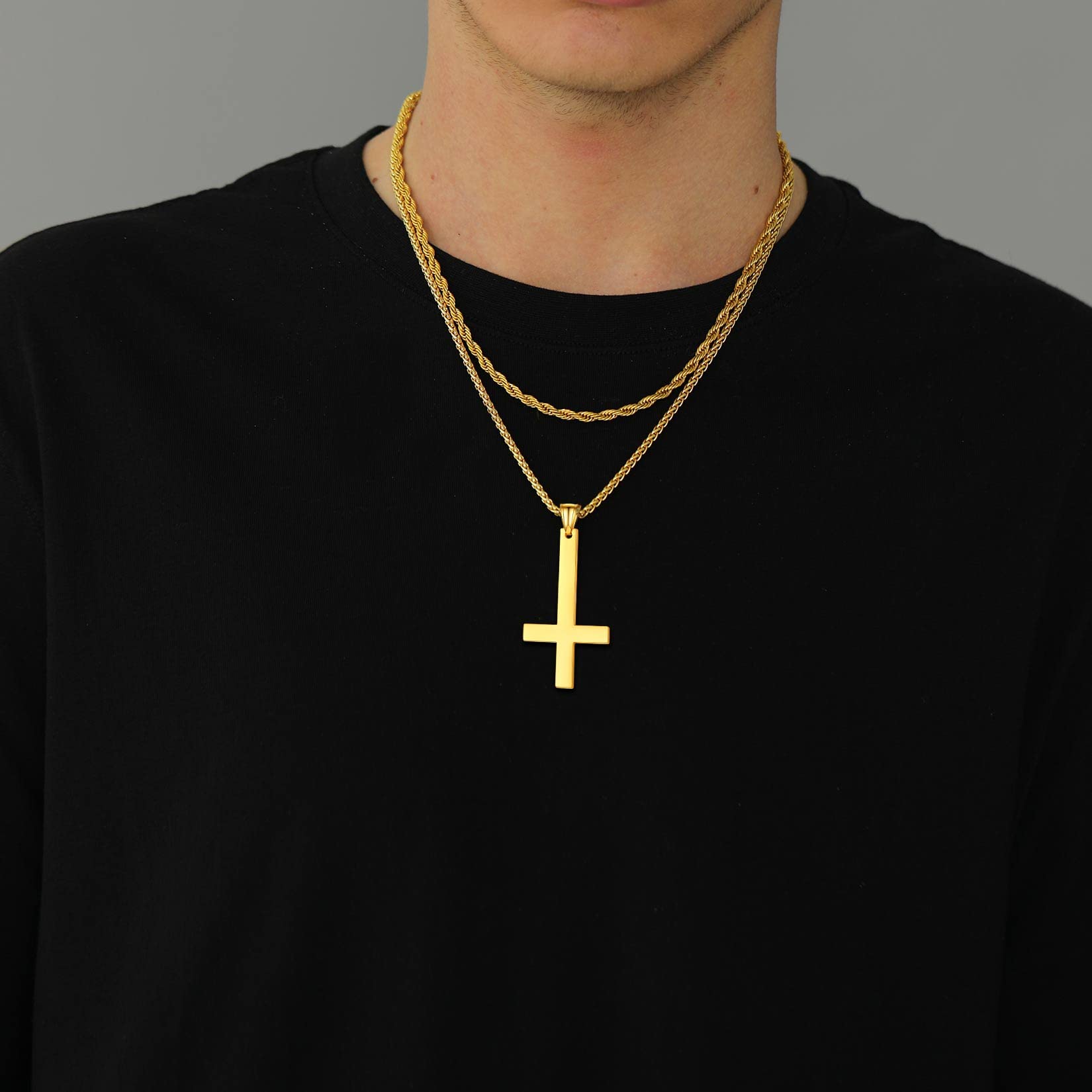 U7 Inverted Cross Necklace - Upside Down Cross Pendant in Stainless Steel, Gothic Devil Necklace with Baphomet Goat Head Charm for Men & Women - Perfect for Gothic Fashion, Rock Concerts and Alternative Style