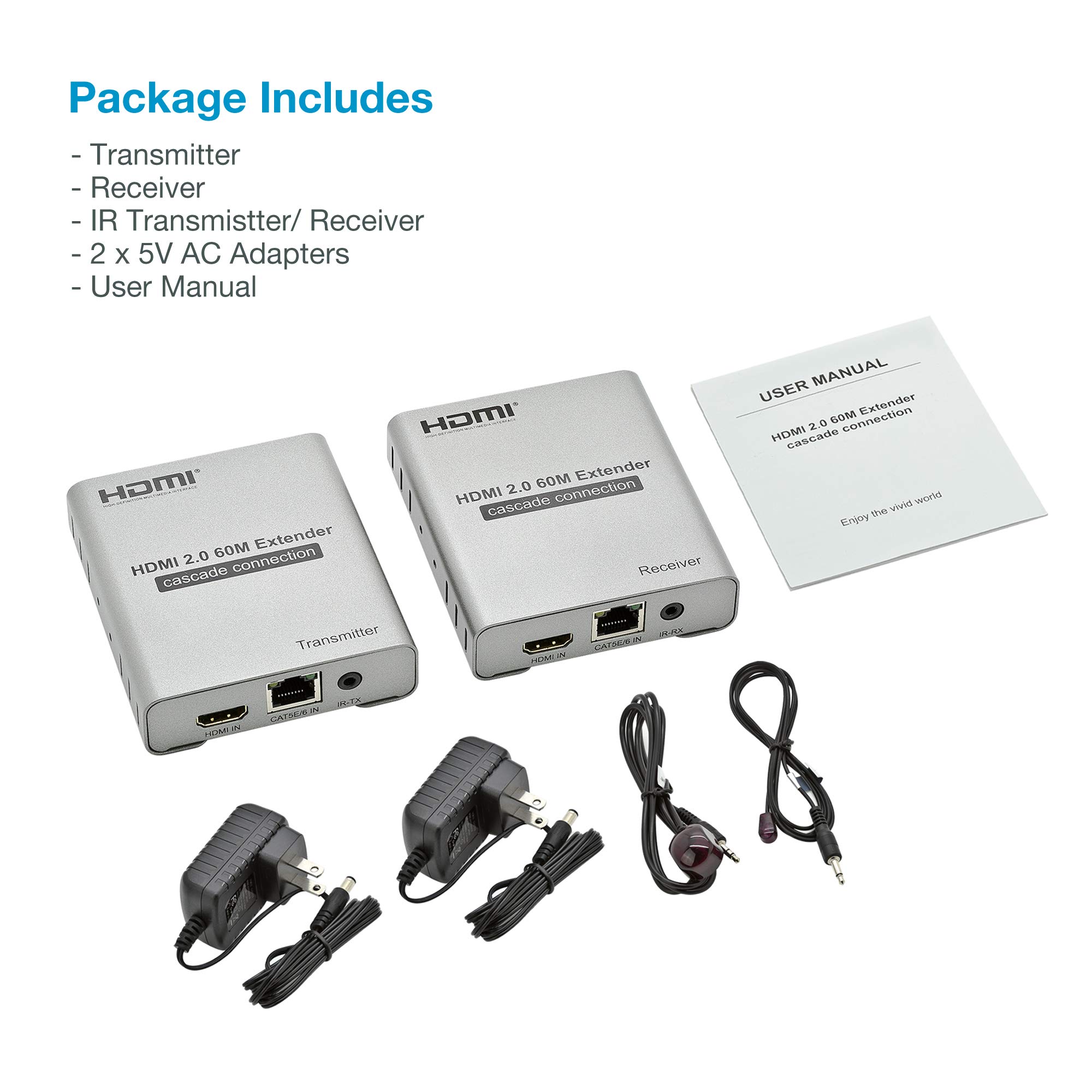 4K@60Hz HDMI 2.0 Extender Over Cat5e/Cat6/Cat7 Ethernet Cable - 200ft 4K@30Hz/1080p 400ft Range - HDR, YUV 4:4:4, HDCP 2.2 - Loop-Out & IR Control - Perfect for Home Theater, Conference Rooms and Gaming Setup